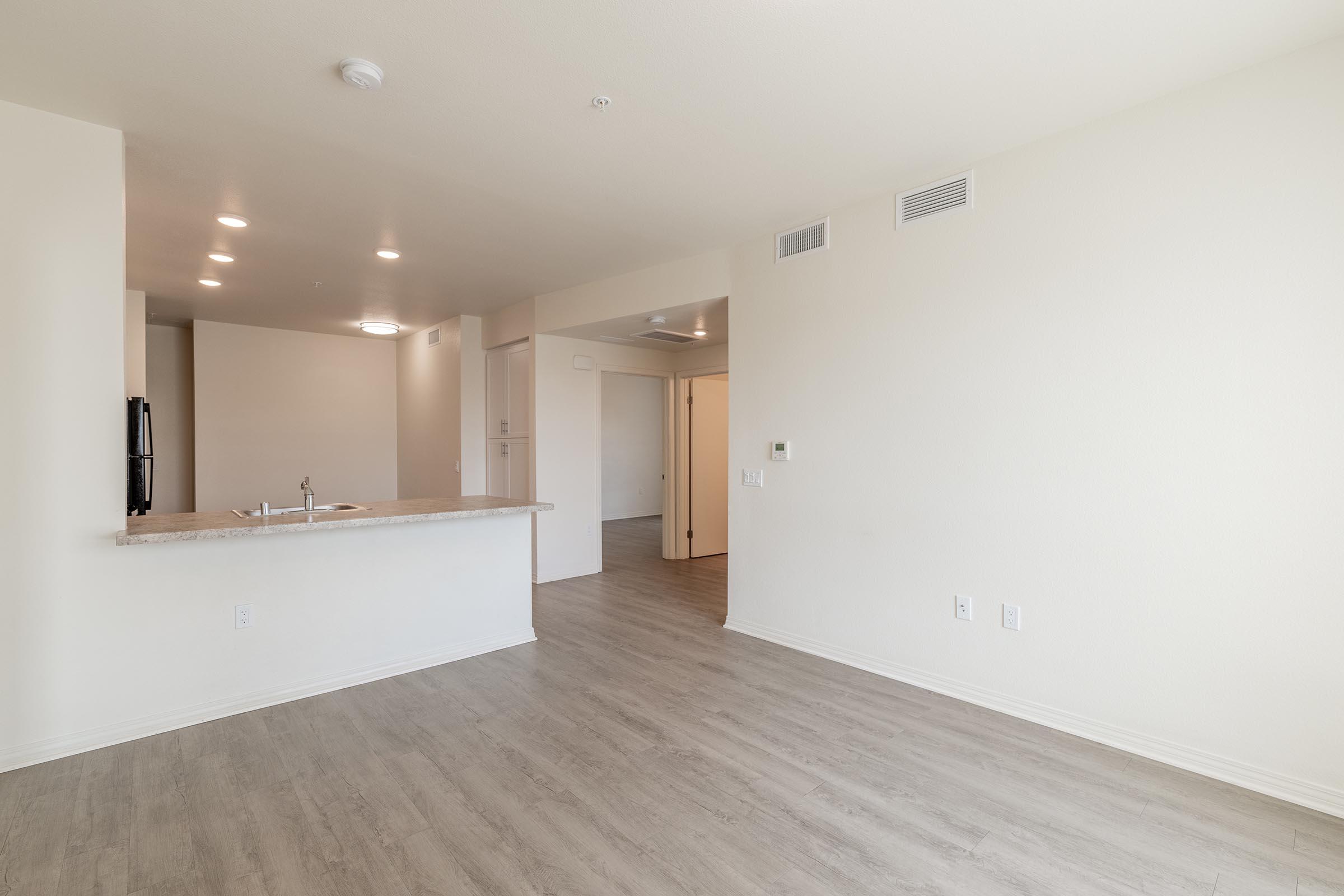 A spacious, modern apartment interior featuring light-colored walls, a hardwood floor, and a kitchen bar area. The kitchen is partially visible with appliances. Doorways lead to additional rooms, creating an open and inviting living space. Natural light enhances the bright atmosphere.