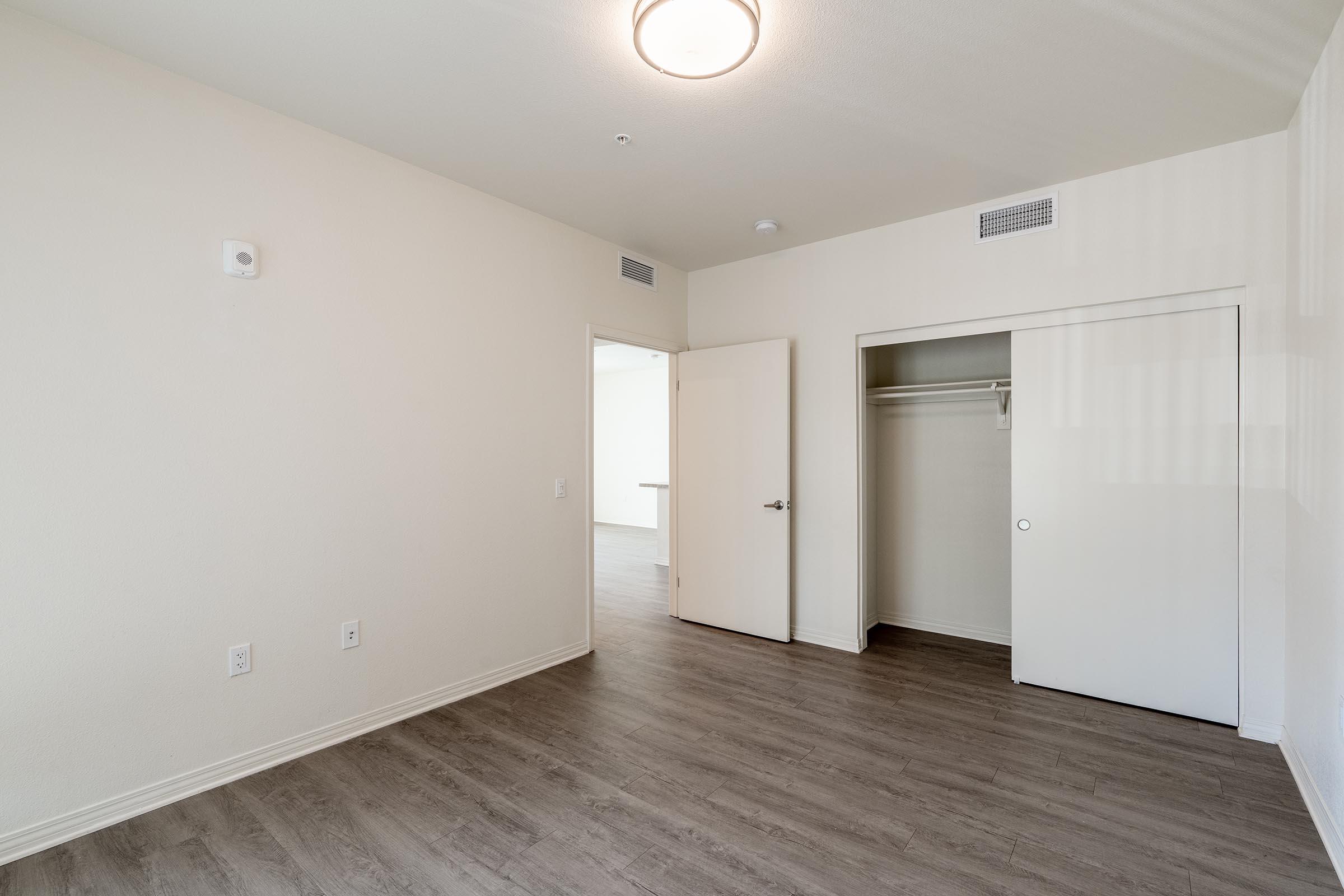 A spacious, empty room featuring light-colored walls and a wood-style floor. There is a ceiling light fixture, a closed closet with double doors, and a doorway leading to another area. The overall ambiance is bright and ready for furnishing.