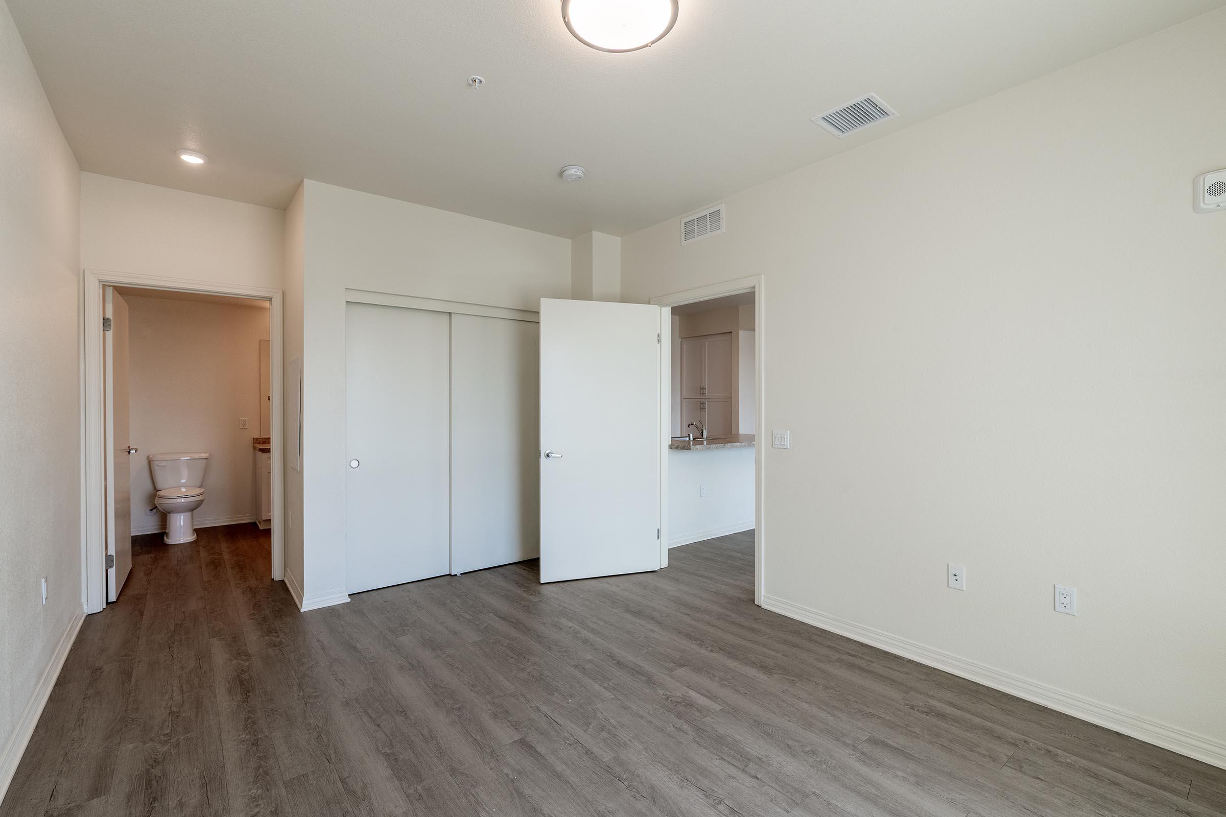 Empty room featuring light-colored walls and laminate flooring. Open doors to a closet on the left and a bathroom visible at the back. Natural light coming from the ceiling fixture. The space is simple and modern, suitable for various layouts and furnishings.