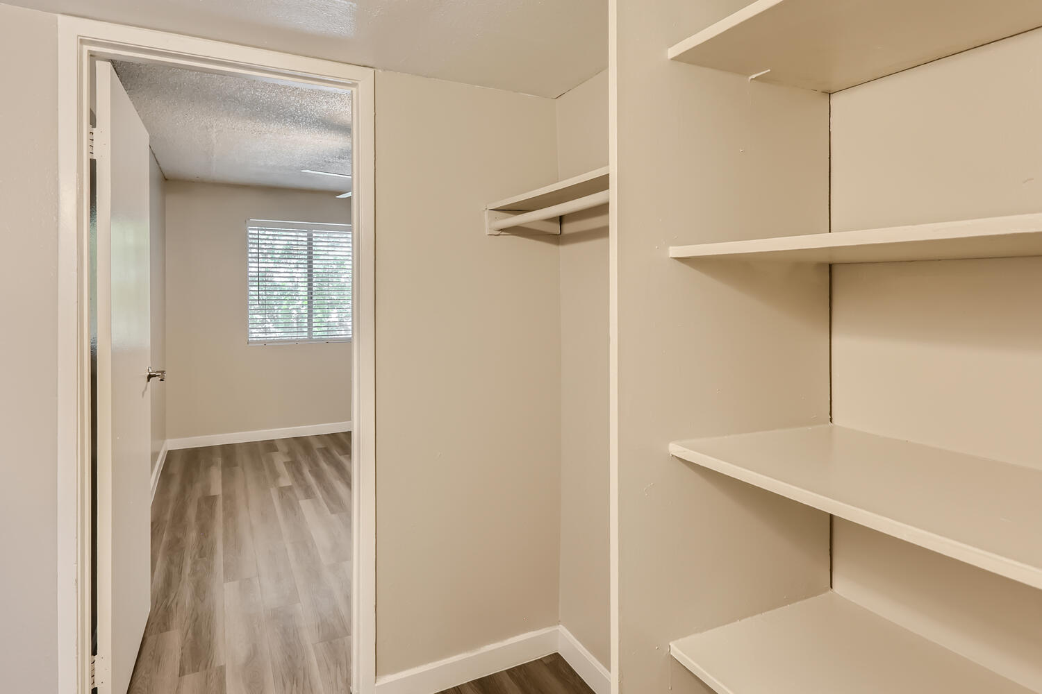 A bedroom walk-in closet with shelving at Rise at the Preserve. 