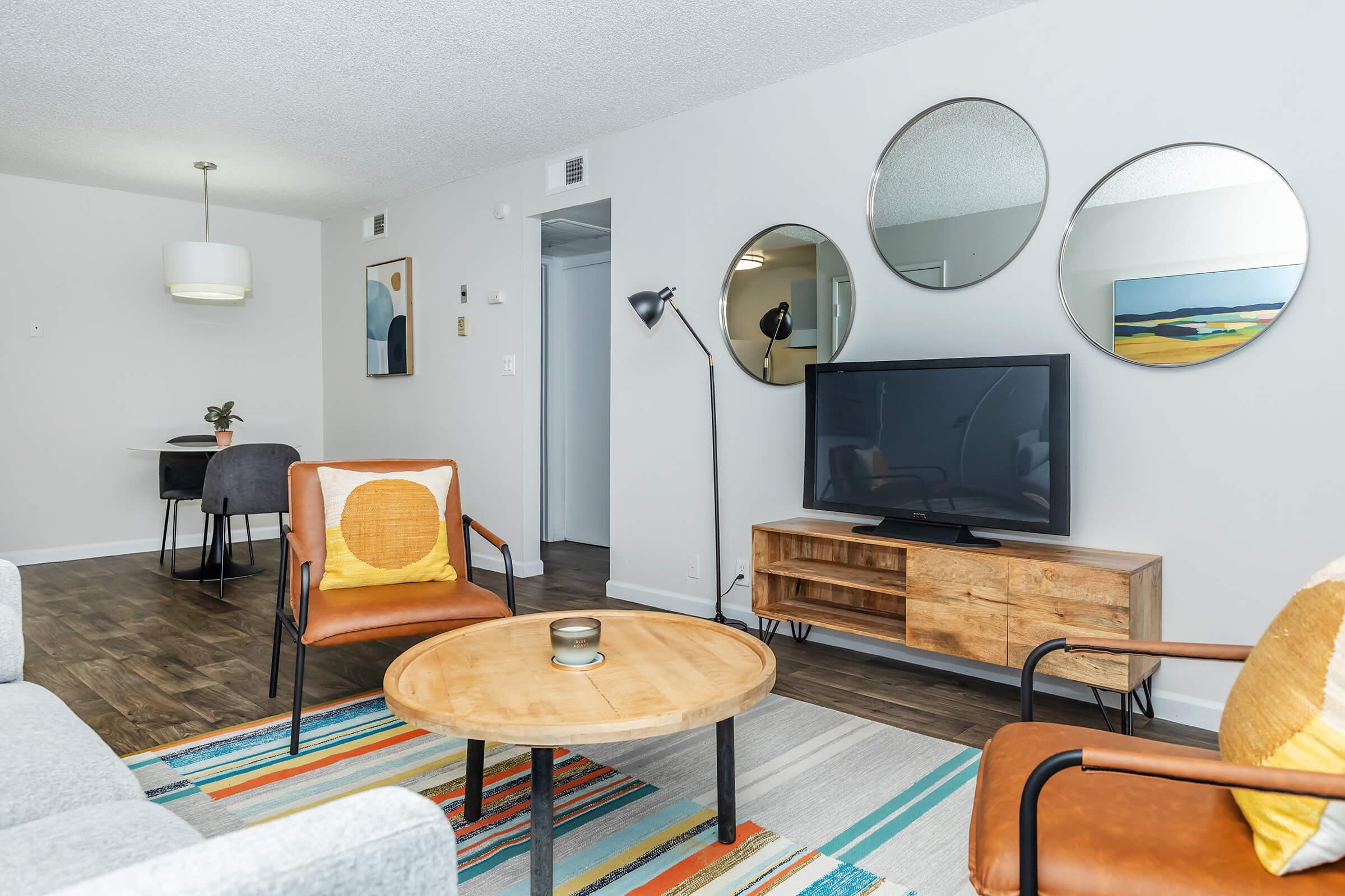 A model apartment at Rise at the Preserve with a colorful carpet, chairs, and a TV. 