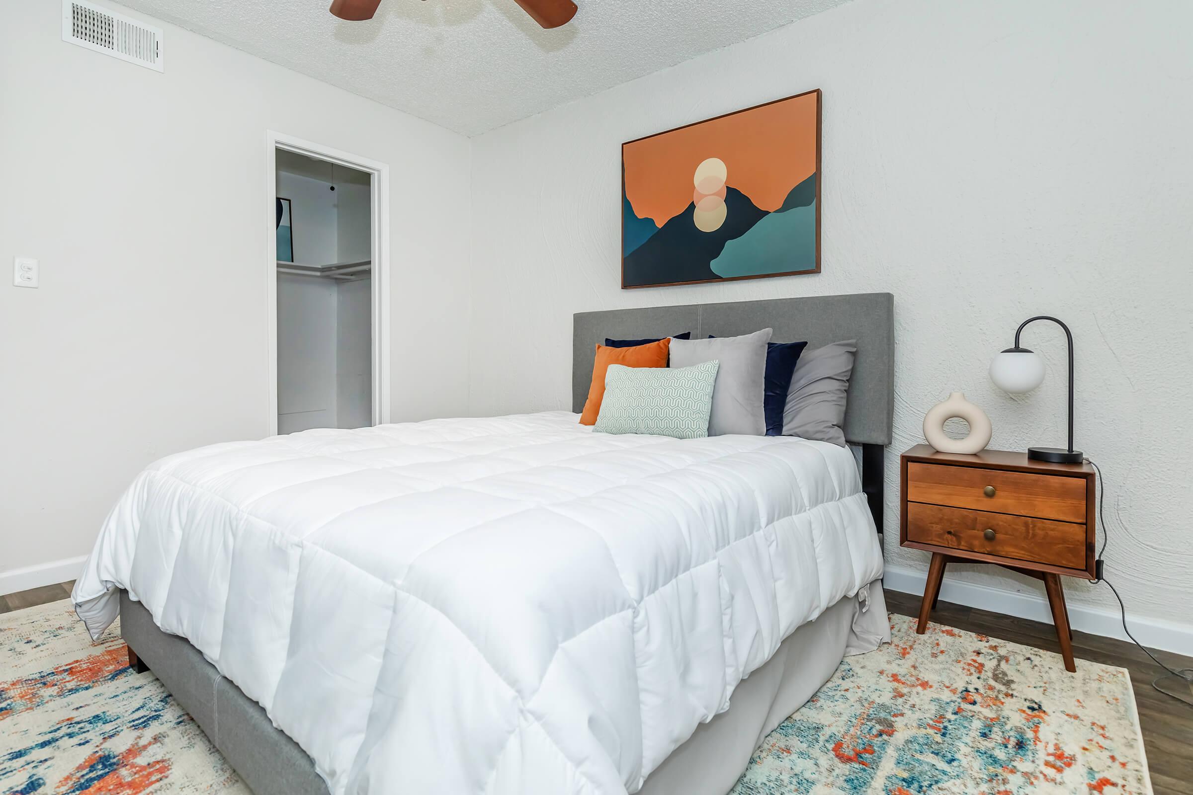 A model apartment bedroom at Rise at the Preserve with a colorful rug and a closet.