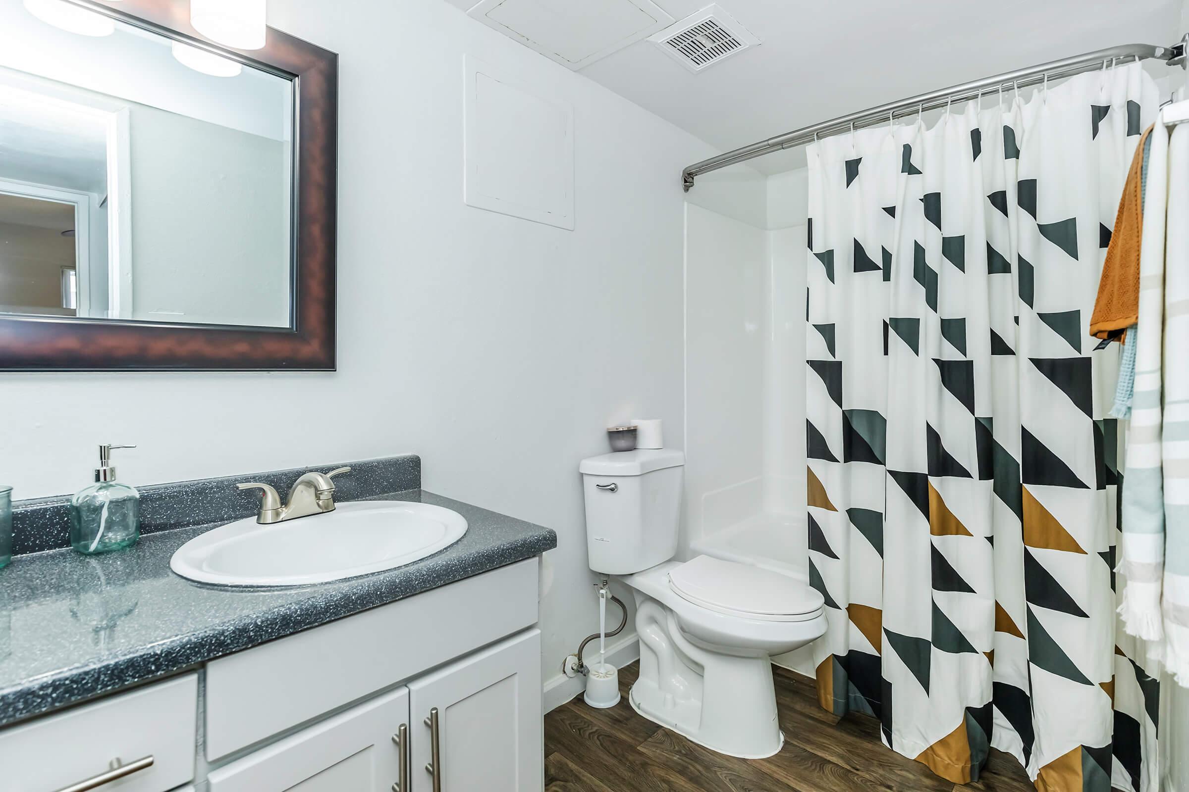 An apartment bathroom with a geometric shower curtain, vanity and mirror at Rise at the Preserve.