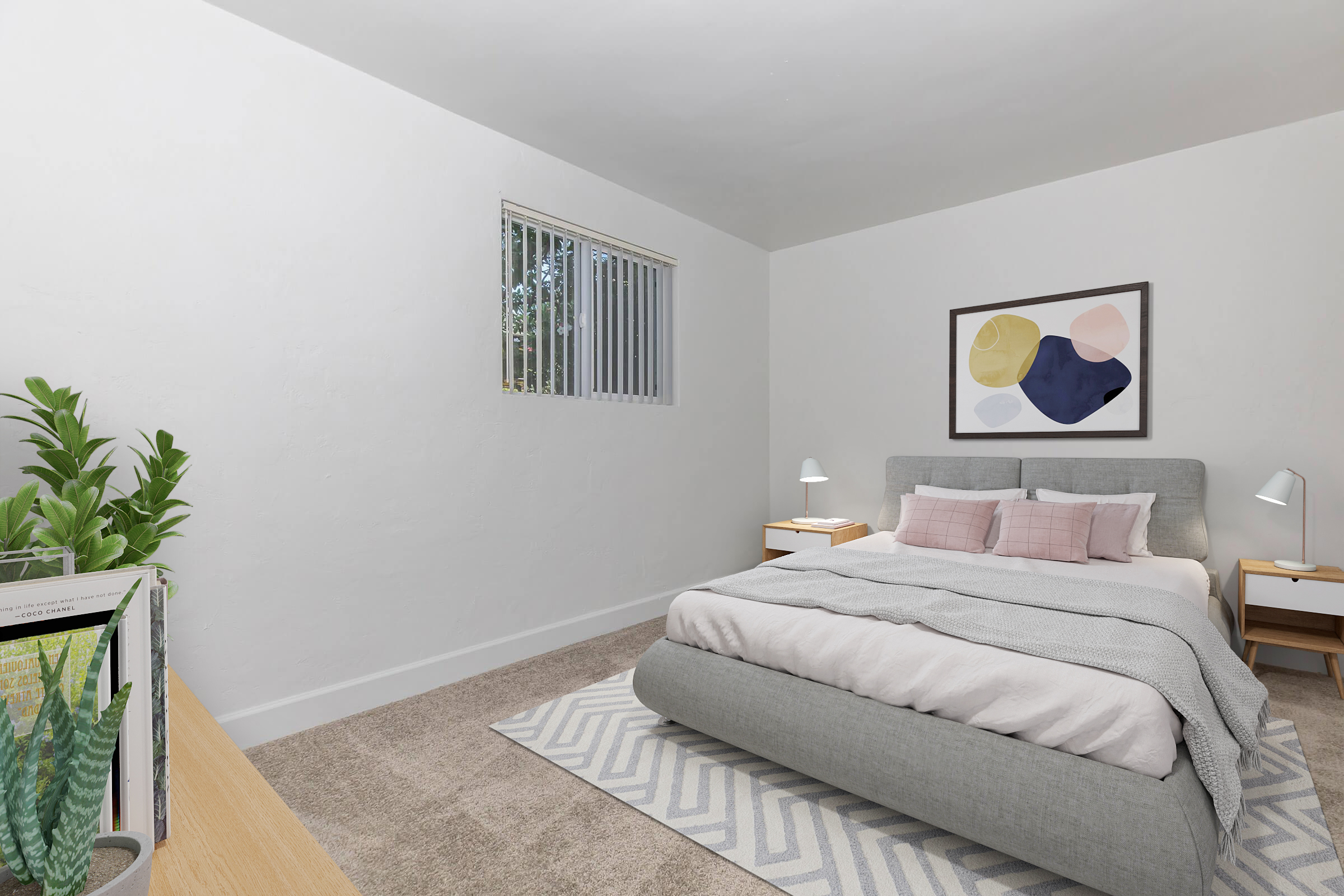 A cozy bedroom featuring a large bed with gray bedding and two pink pillows. There are wooden nightstands with lamps on either side, a minimalist artwork on the wall, and a window with vertical blinds. A green plant and a bookshelf are visible in the corner, adding a touch of nature to the modern decor.
