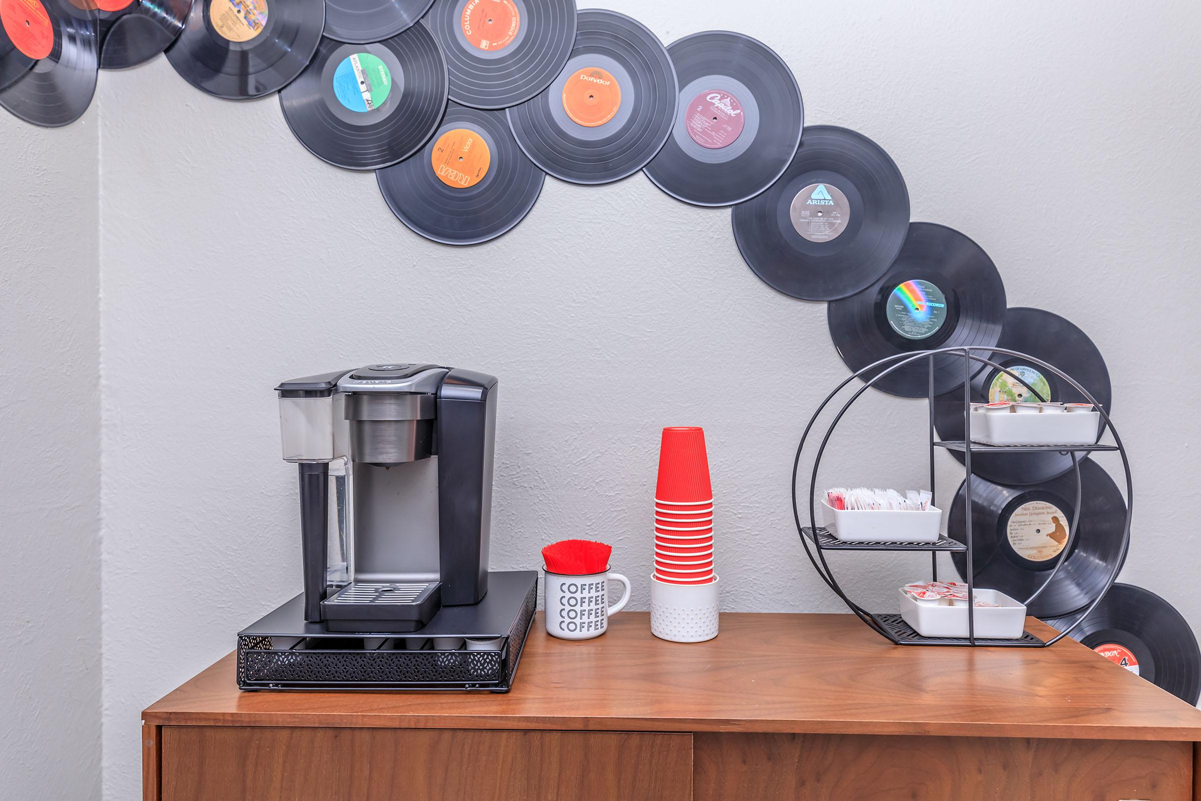 coffee station with decorative records