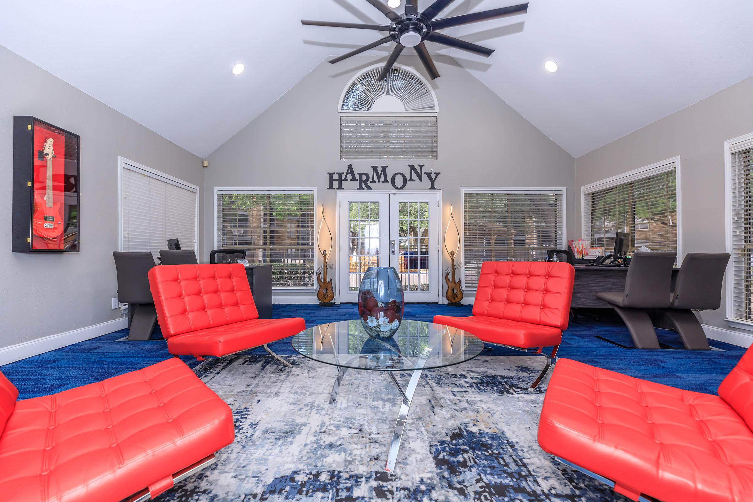 red leather chairs in the clubhouse