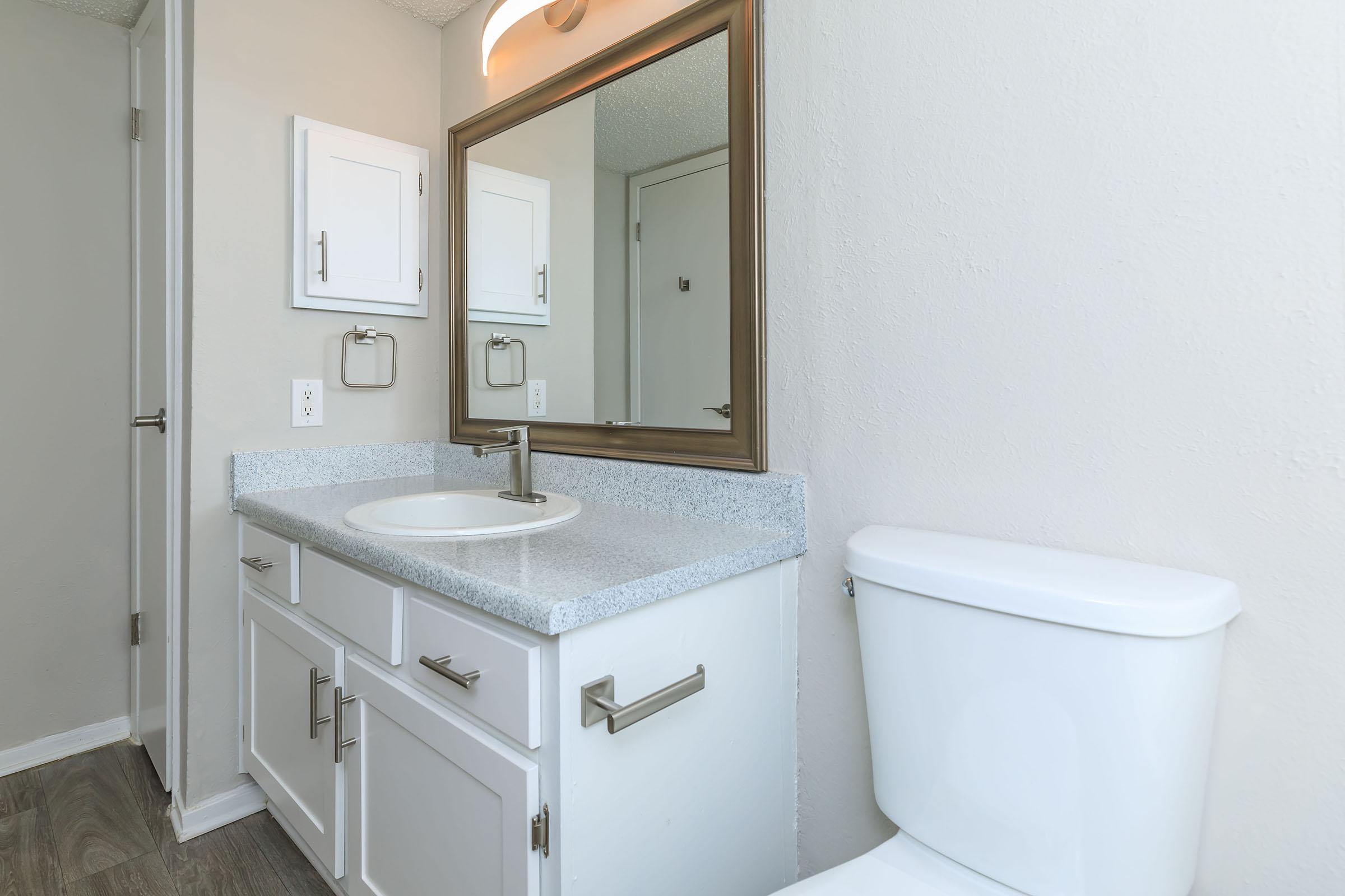 bathroom with white cabinets