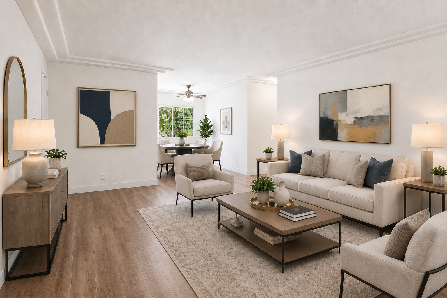 A bright and modern living room featuring neutral-toned furniture, including a light-colored sofa, armchairs, and coffee table. Two lamps provide warm lighting, and abstract artwork adorns the walls. A dining area with a circular table and greenery is visible through a window, creating a cozy, inviting atmosphere.