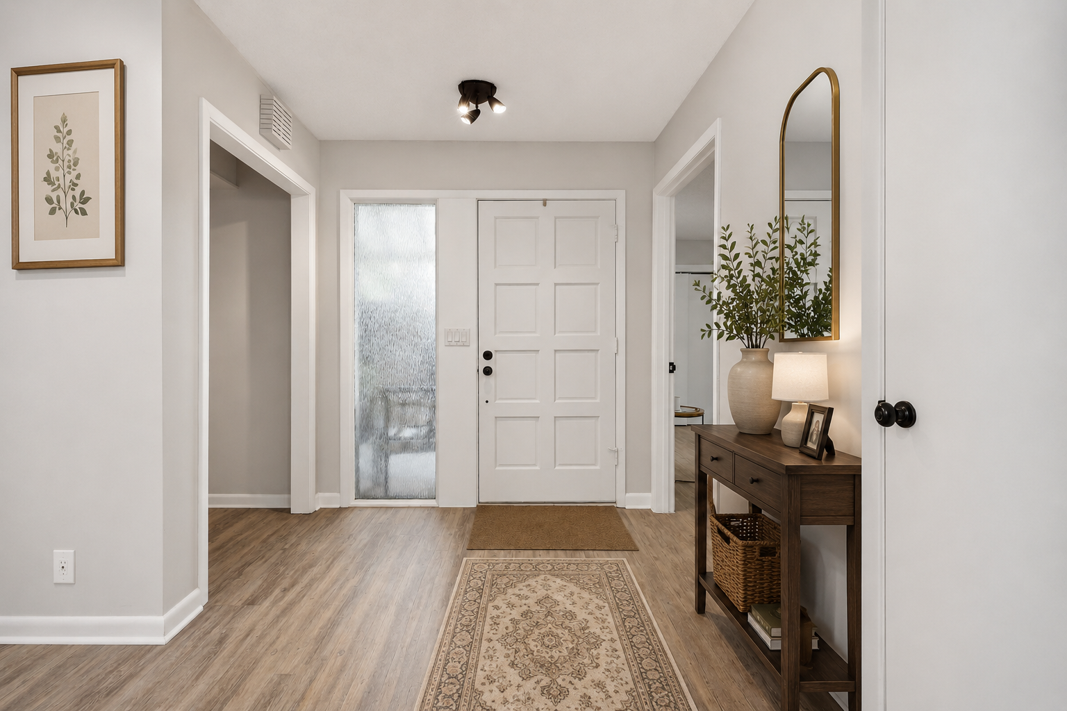 A well-lit hallway featuring a white front door, a decorative mirror, and a small wooden console table with a lamp and a plant. A framed botanical print hangs on the wall, and a textured glass door leads to another room in the background. The floor has light wood planks and a patterned rug.