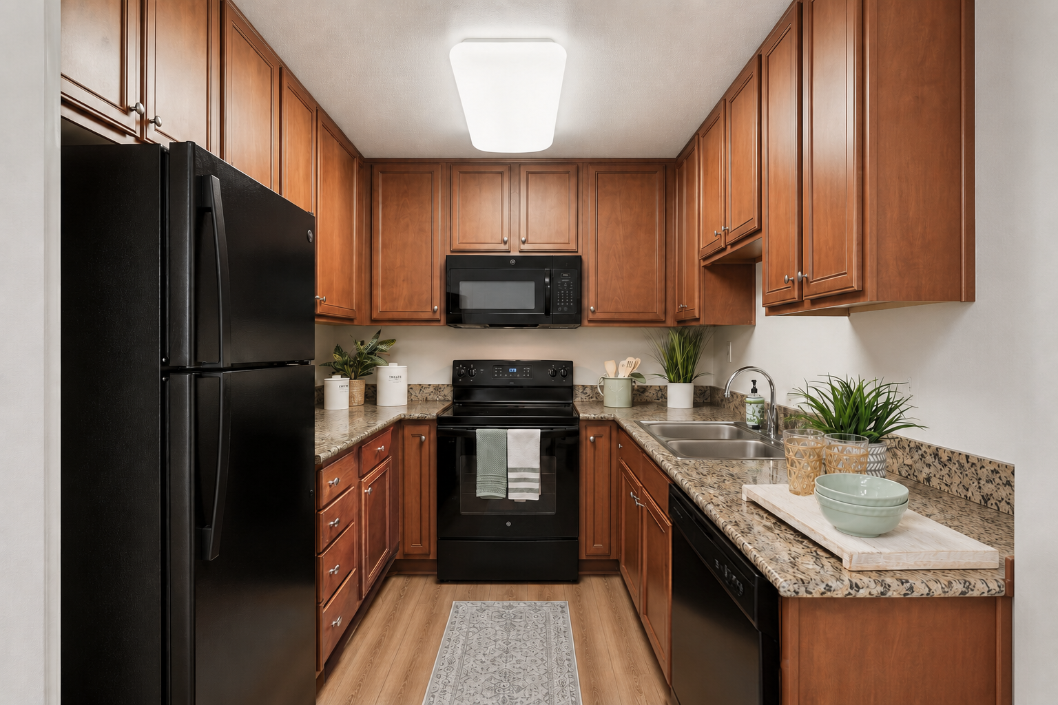 A modern kitchen featuring wooden cabinets, a black refrigerator, and a black stove. The countertops are made of granite, with a sink and decorative plants. A light fixture illuminates the space, and a patterned rug is placed on the floor. The overall design gives a cozy and contemporary feel.