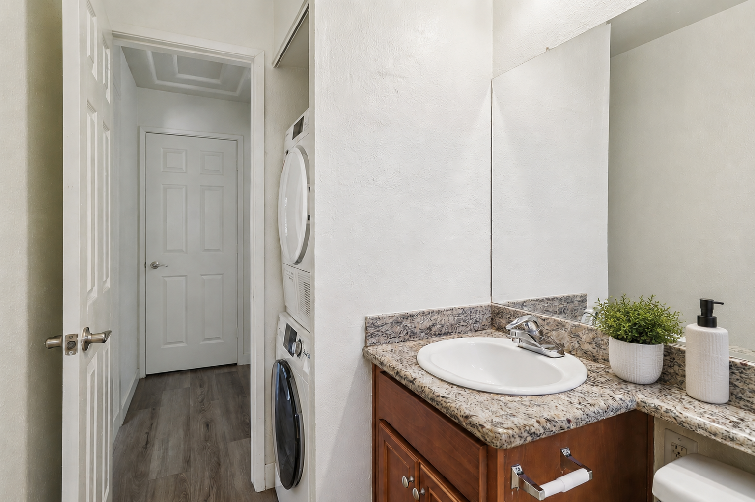 A modern bathroom featuring a marble countertop with a sink, a mirror above, and a decorative plant. To the left, there is a washer and dryer unit, and a door leading to another room is visible in the background. The walls are painted in a light color, enhancing the bright and clean aesthetic of the space.