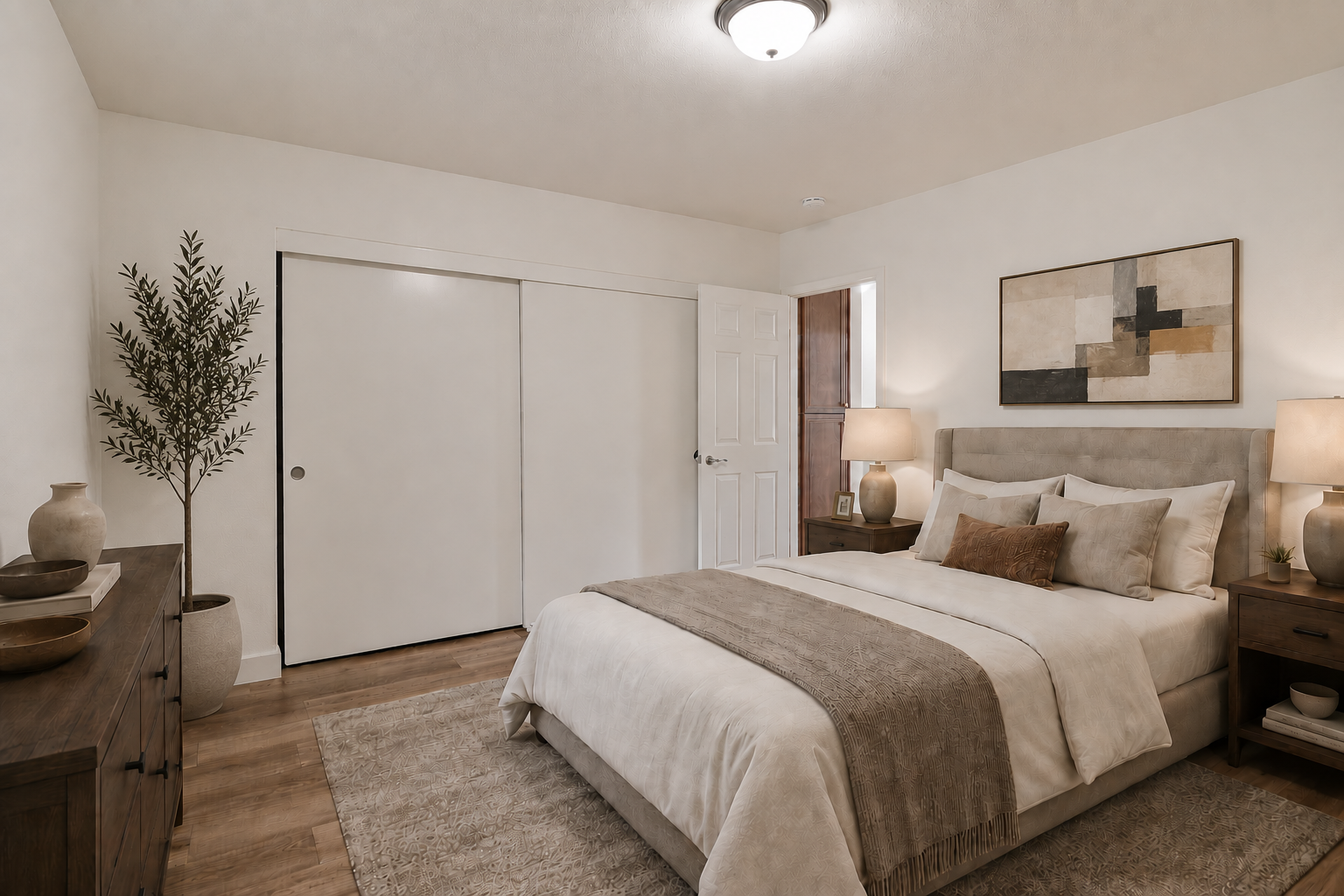 A cozy bedroom featuring a queen-sized bed with beige linens and decorative pillows, flanked by wooden nightstands with lamps. A large piece of abstract art hangs above the bed. A potted plant adds greenery, and a closet with sliding doors is visible in the background. The room has a warm, inviting atmosphere.