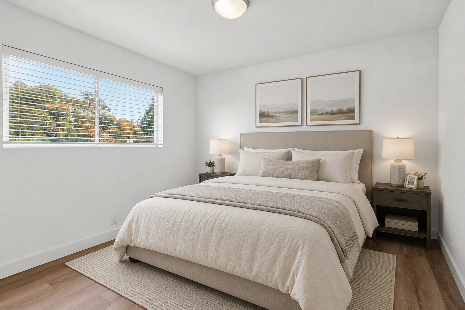 A cozy and modern bedroom featuring a queen-sized bed with a beige comforter, two decorative pillows, and two framed landscape prints above the headboard. Nightstands on each side hold lamps and a small plant. A window with blinds offers a view of green trees outside, creating a bright and inviting atmosphere.