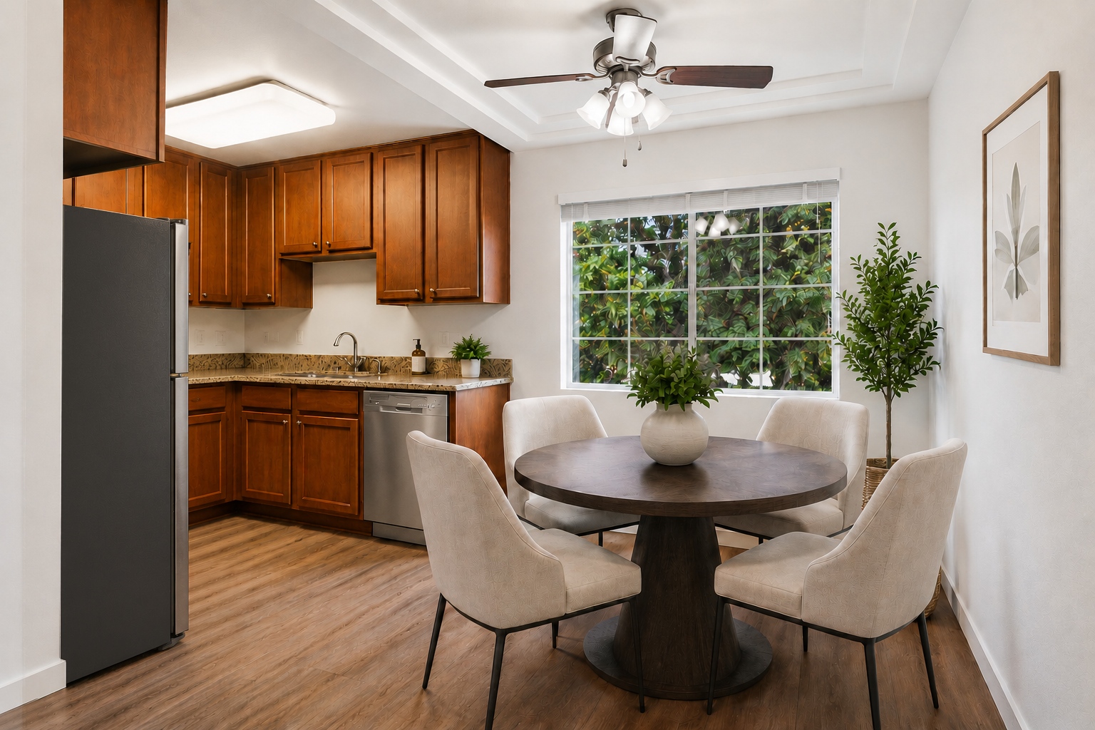 A modern kitchen with wooden cabinets, granite countertops, and stainless steel appliances. A round dining table with cream-colored chairs is positioned in front of a large window that showcases greenery outside. The room features a light ceiling fan and minimal decorative elements.
