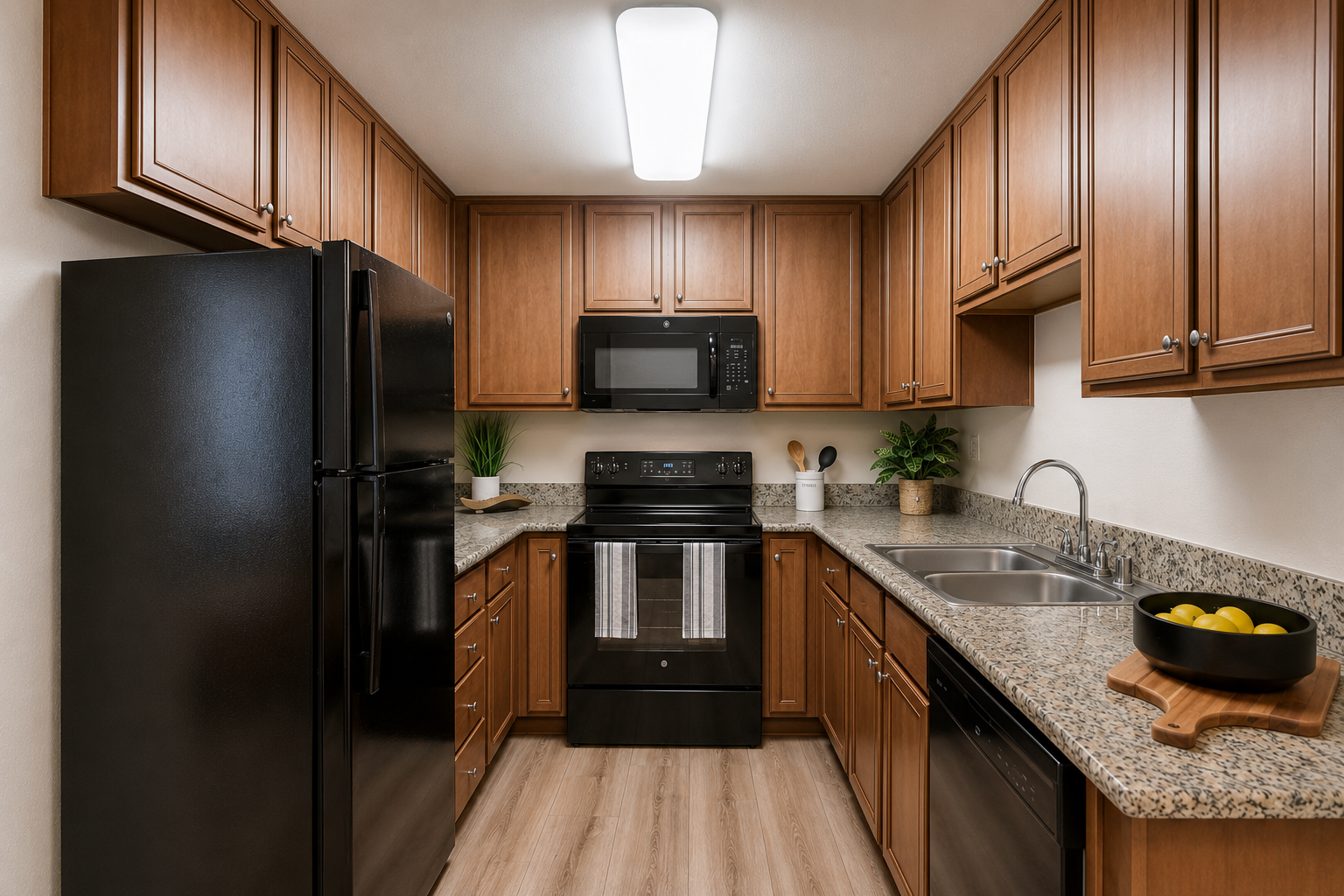A modern kitchen featuring dark wood cabinets, a black refrigerator, and black appliances. The granite countertop is complemented by a bowl of lemons on the side. The kitchen has a double sink and plants for added decor, with ample lighting from a ceiling fixture.