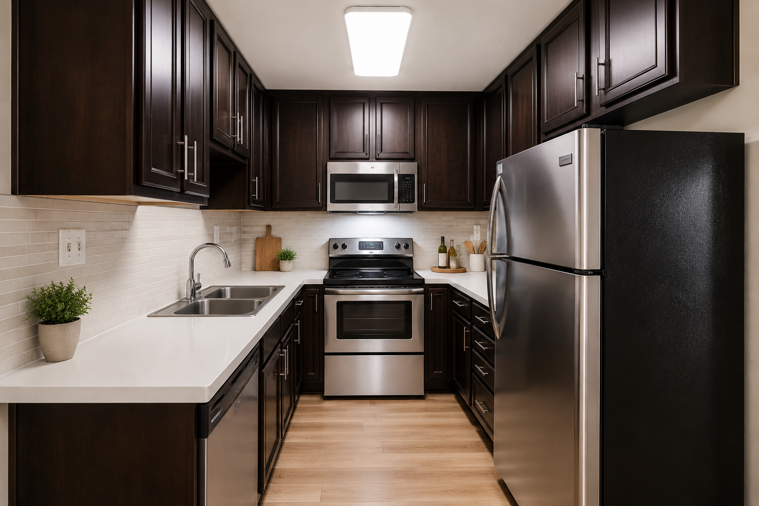 Modern kitchen with dark wood cabinetry and stainless steel appliances. It features a double sink, microwave, oven, and refrigerator. The countertops are white, and there's a small plant and wooden cutting board for decor. The space is well-lit with an overhead light and has a warm, inviting atmosphere.