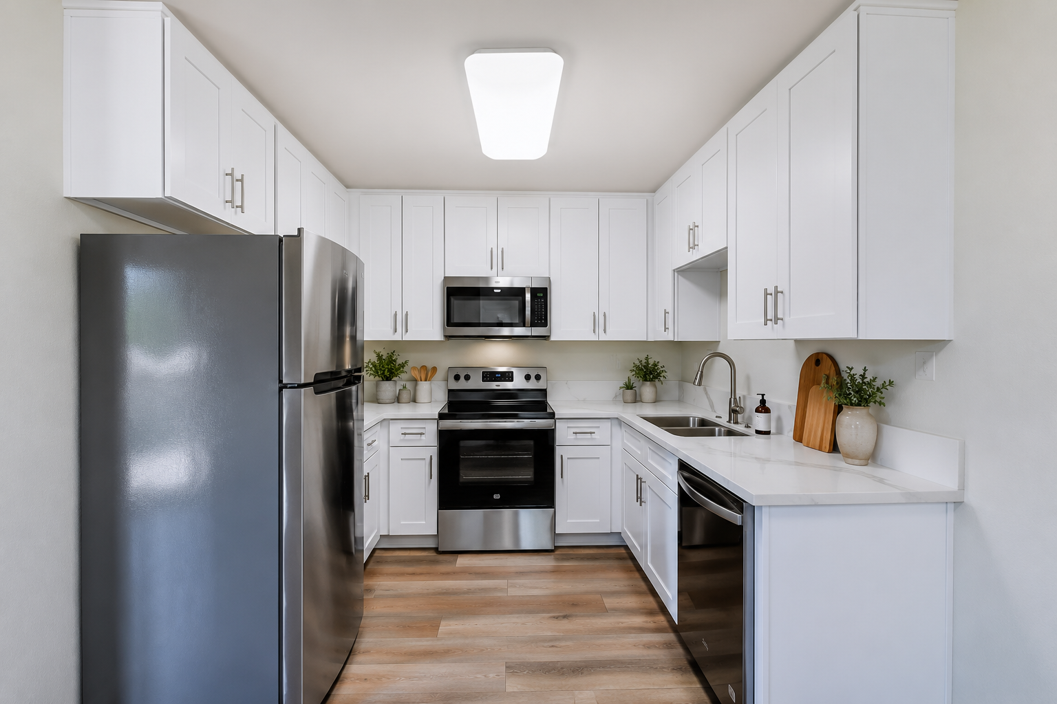 Modern kitchen featuring white cabinetry, stainless steel appliances including a refrigerator, microwave, and oven, and a sleek countertop. There are plants for decoration, a wood cutting board on the counter, and a stainless steel sink. The space has a light, airy feel with wooden flooring and bright lighting.