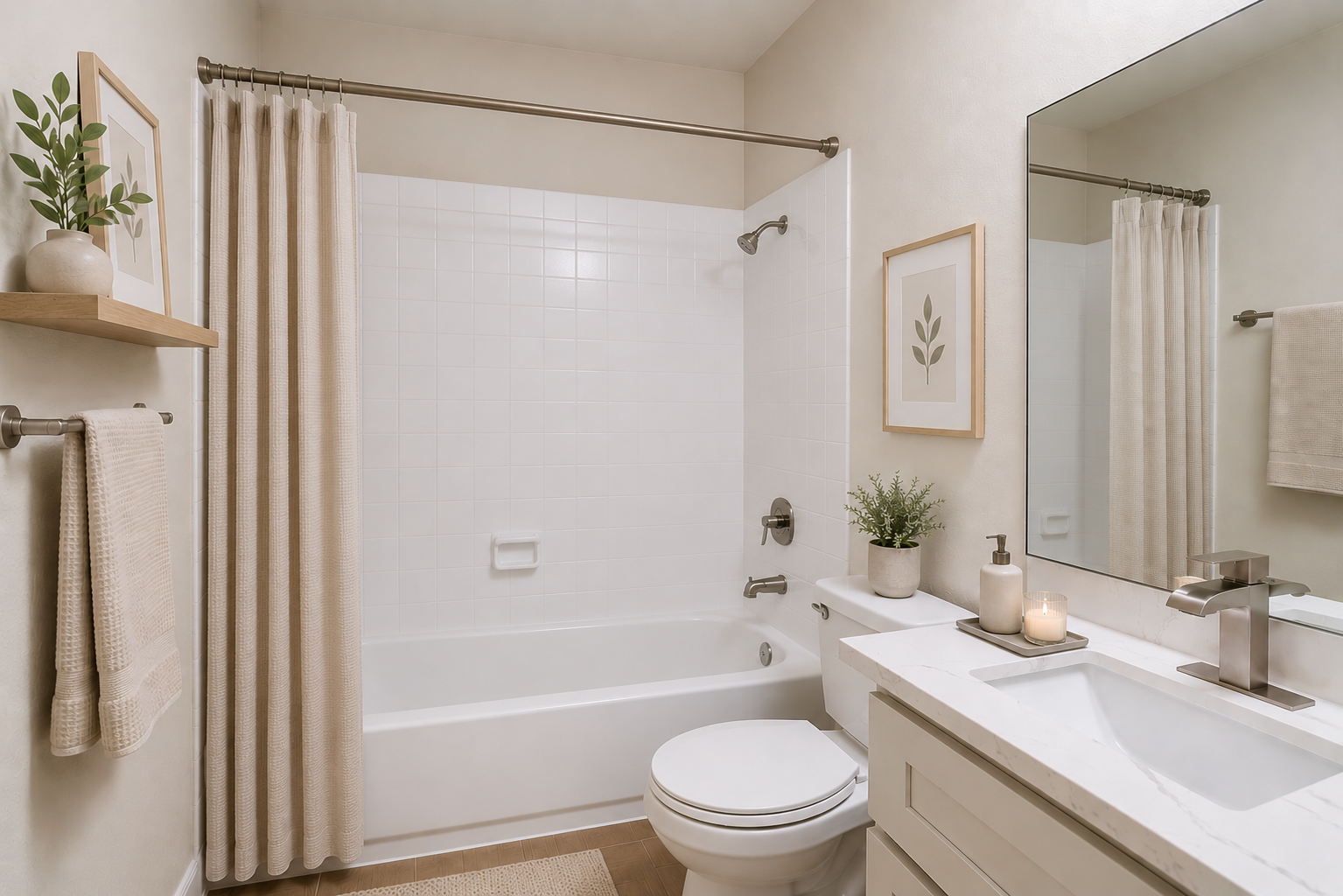 A bright and modern bathroom featuring a white tiled tub with a shower, a clean vanity with a sink, a large mirror, a shelf with decorative plants, and a towel rack. Neutral colors create a calming atmosphere, enhanced by soft lighting and a small candle on the countertop.