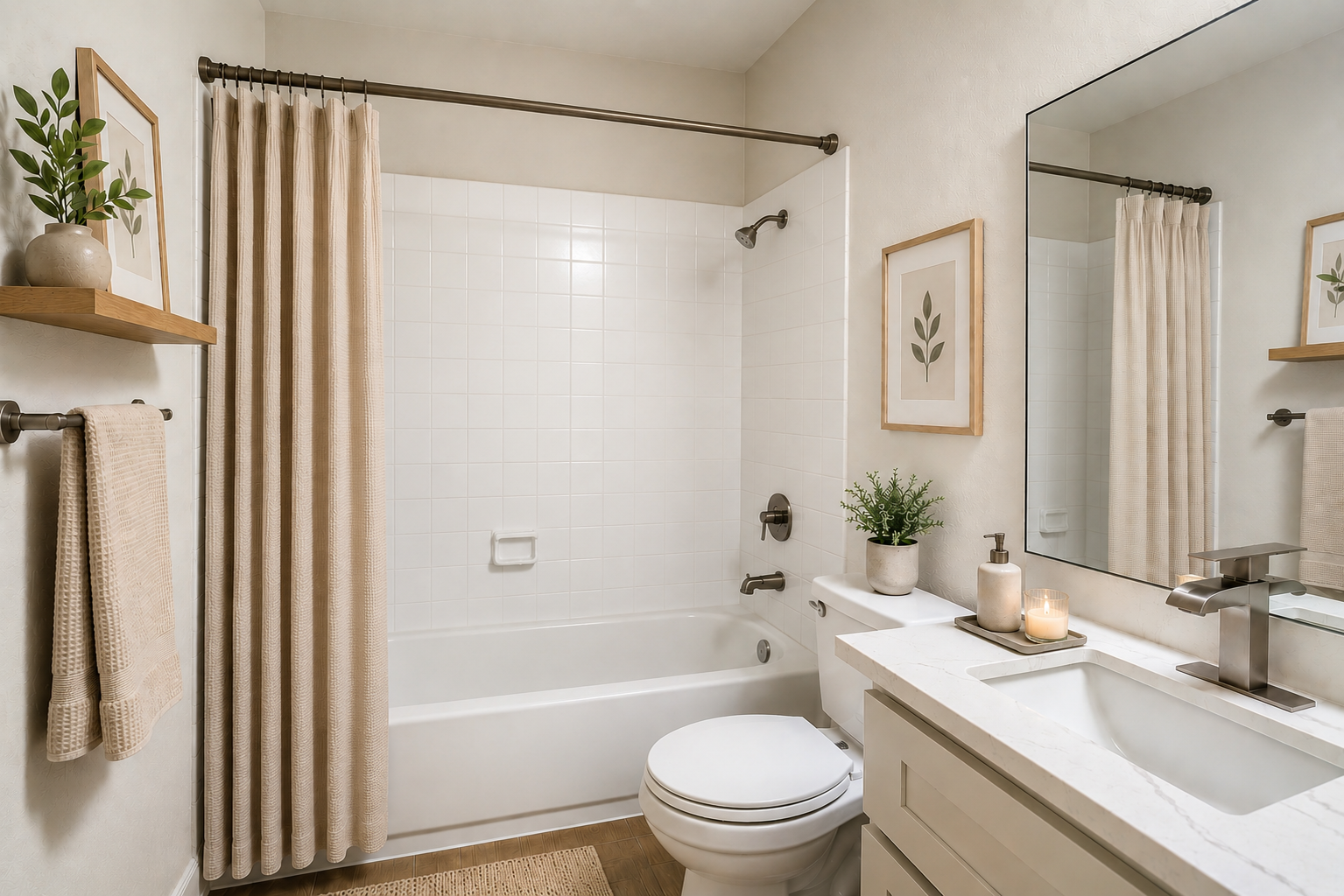A modern bathroom featuring a white tiled bathtub with a shower, a sleek countertop with a sink, decorative plants, a candle, and framed artwork on the walls. Neutral colors and natural materials create a calming atmosphere. Soft beige curtains and a towel neatly hung on a rack enhance the decor.