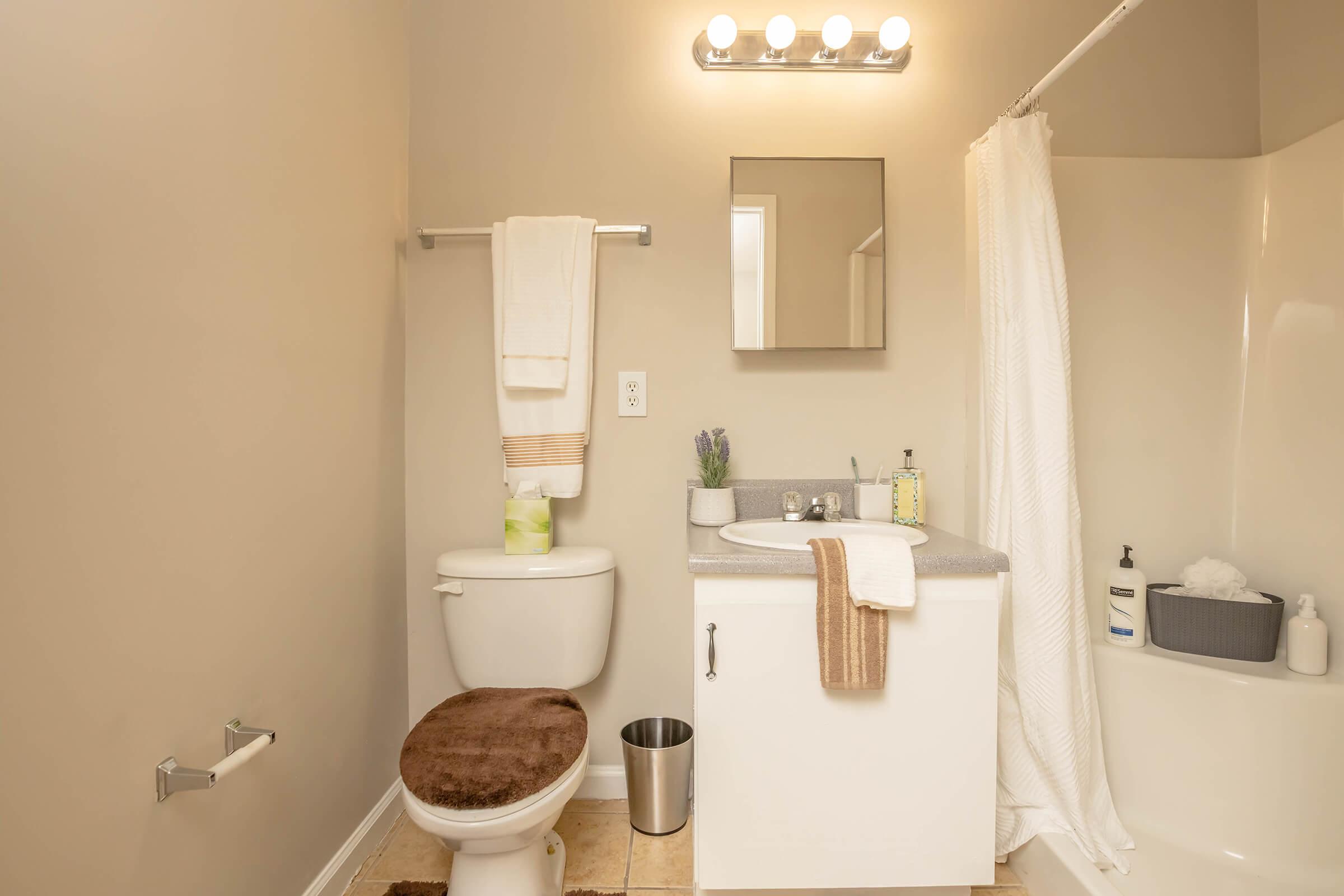A bathroom featuring a toilet, a sink with a mirror above it, and a shower area. The sink countertop has a small plant and toiletries. There are white towels hanging on a bar, a bath mat in front of the toilet, a waste bin, and a shower curtain. The walls are painted in a light cream color.