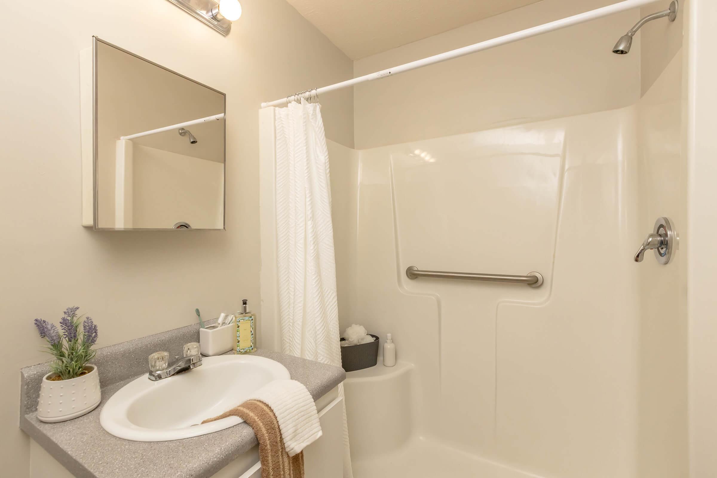 A clean and modern bathroom featuring a small sink with a gray countertop, a mirror above the sink, and a shower area with a white curtain. There are toiletries neatly arranged on the countertop, along with a potted plant for decor. The walls are light-colored, creating a bright atmosphere.