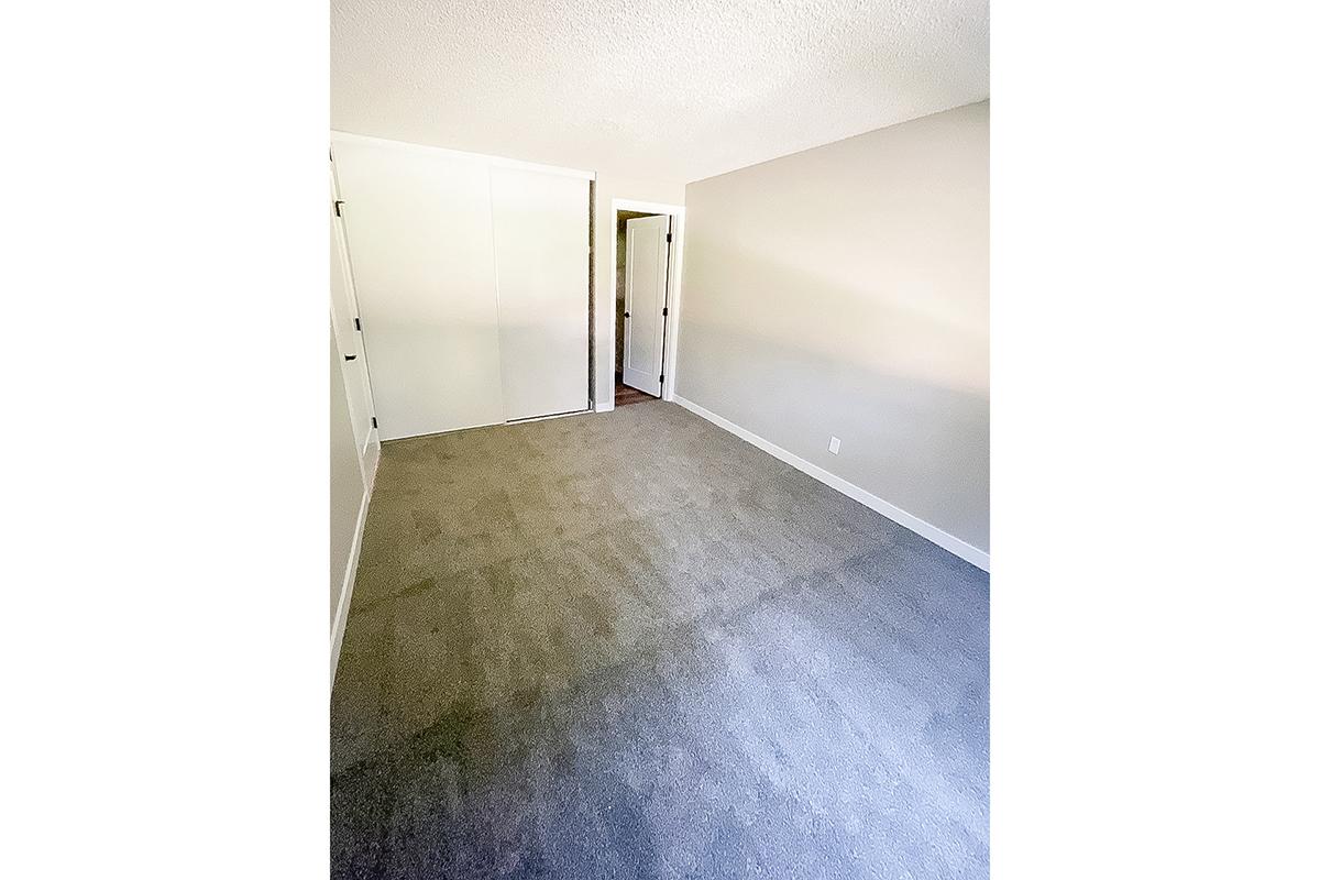 A vacant room with light beige walls and gray carpet. The space features a door on the right leading to another area and a closet on the left, providing a simple and clean environment. Natural light enters through an unseen window, enhancing the spacious feel of the room.