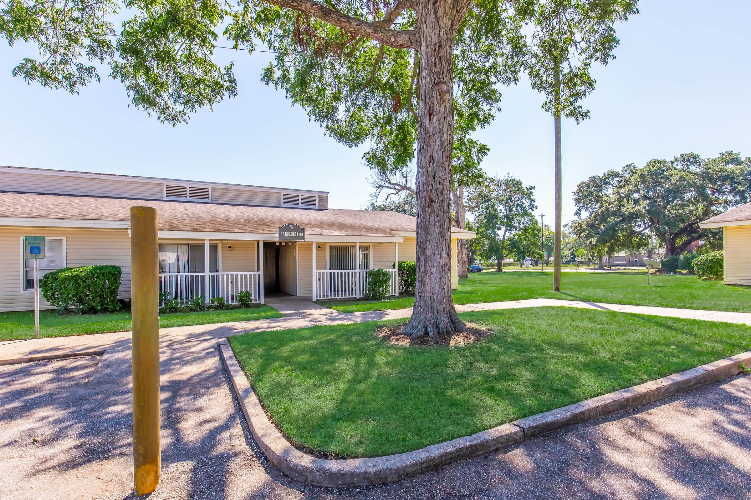 A single-story building with a welcoming entrance and a patio area, surrounded by green grass and trees. The landscaping features a large tree in the foreground, and there are indications of nearby park space or recreational areas in the background. Bright blue sky overhead.