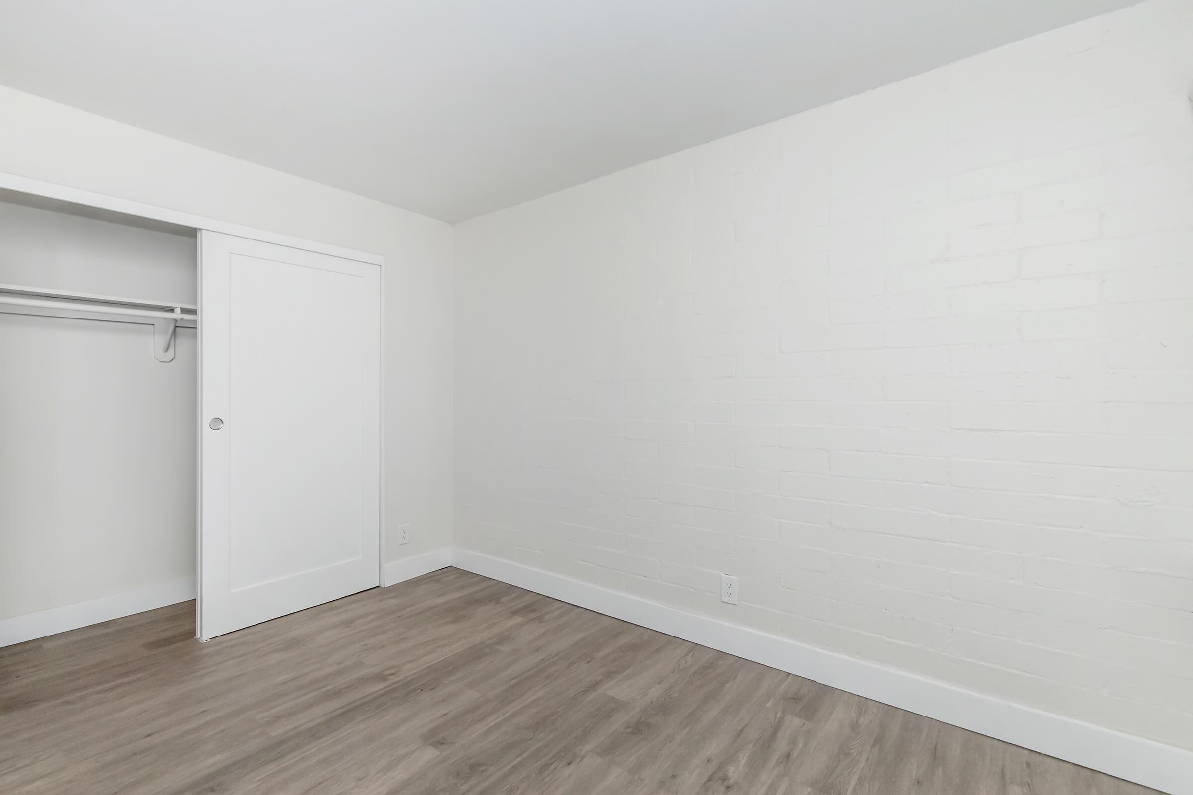 A simple, empty room featuring a light-colored wall and wooden flooring. There is a closed white door leading to a closet with a single hanging rod visible. The room is well-lit and has no furniture, emphasizing the open space.