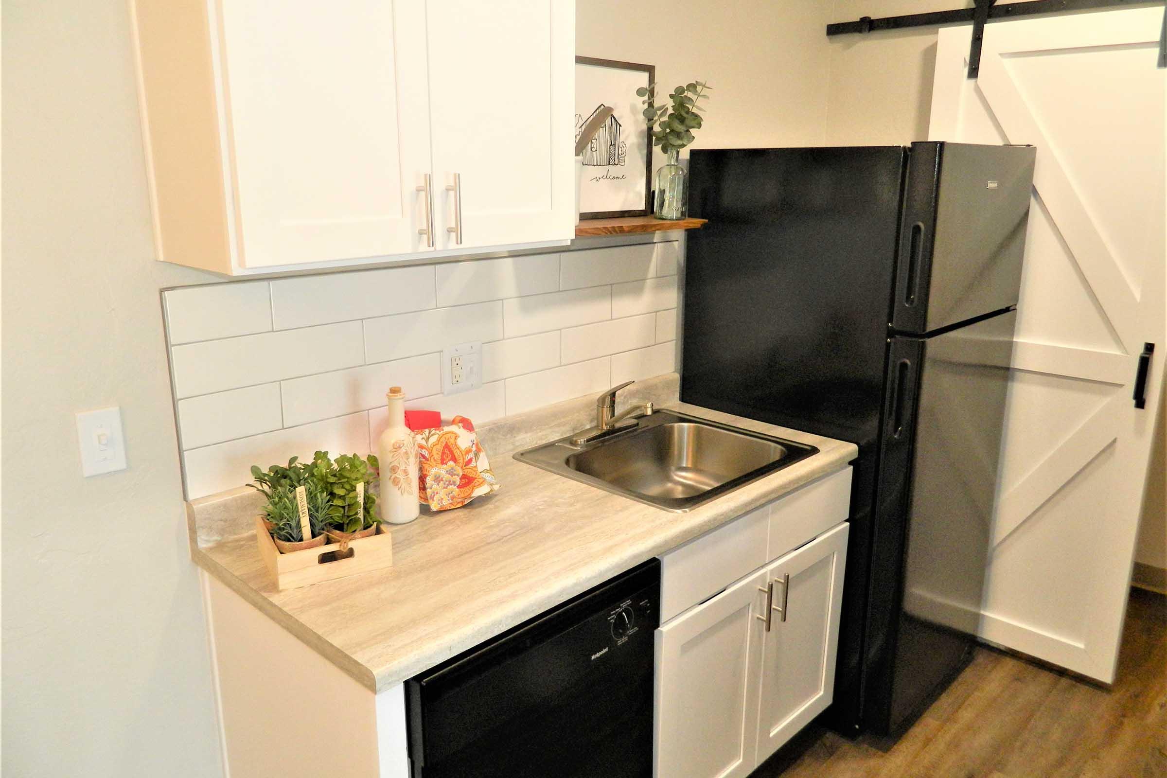 A modern kitchen featuring a compact layout with white cabinets, a stainless steel sink, a black refrigerator, and a black dishwasher. The countertop is a light gray stone, with a decorative tray holding snacks and a small potted plant. A white barn door adds a stylish touch to the space.