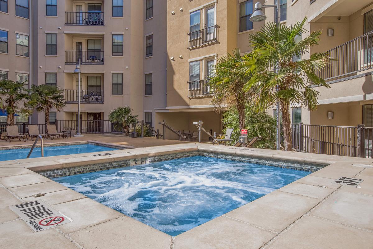 a pool next to a building