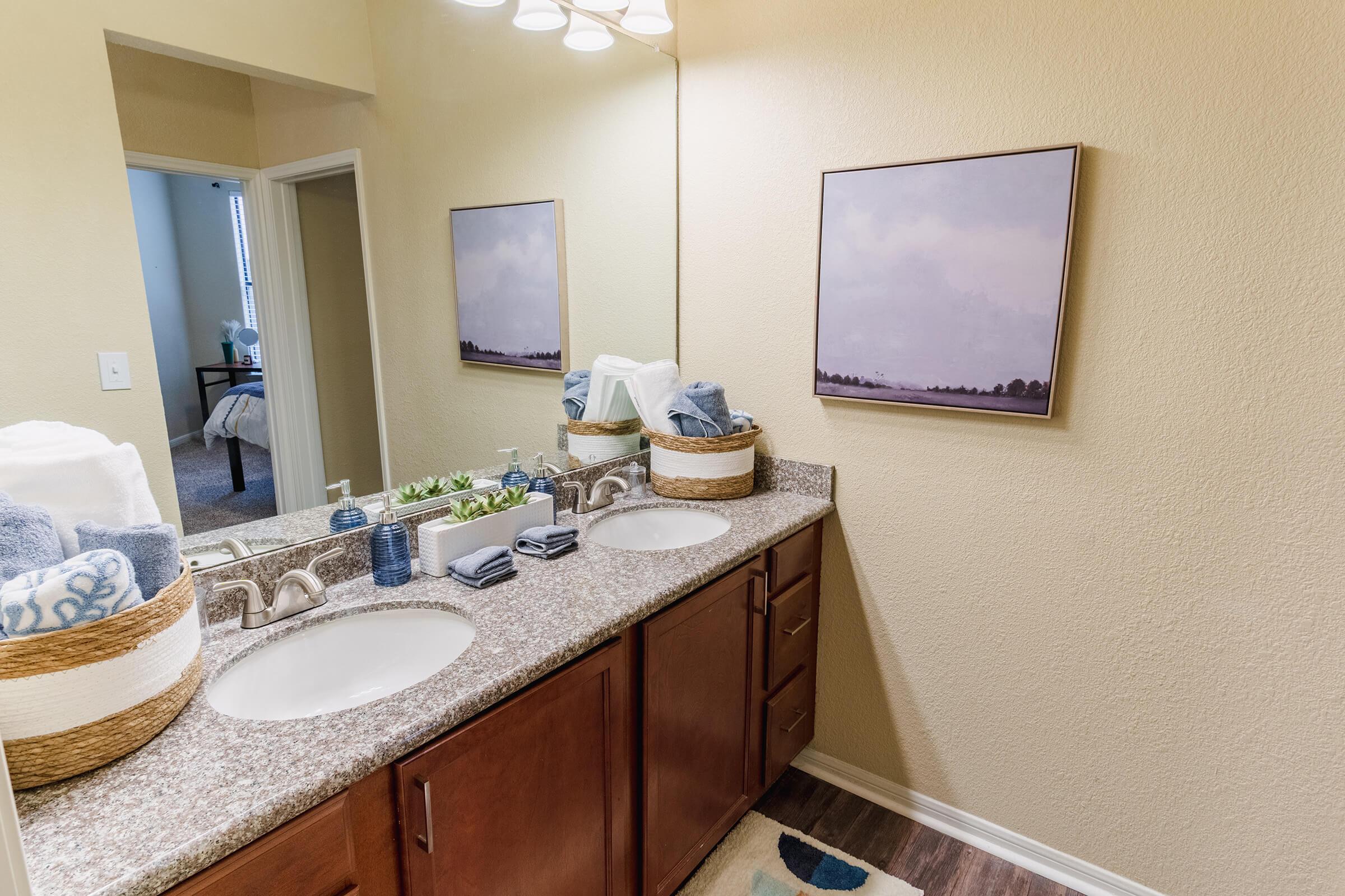 a double sink and large mirror