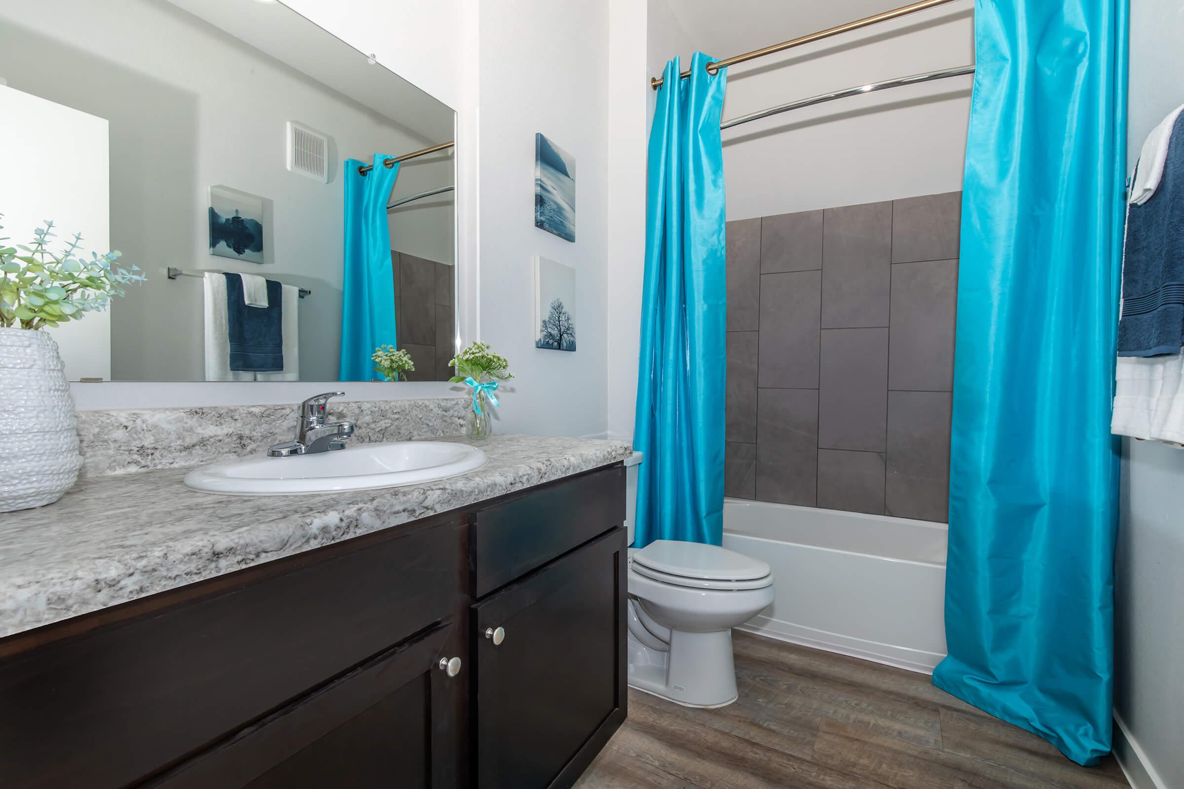 a shower curtain next to a sink