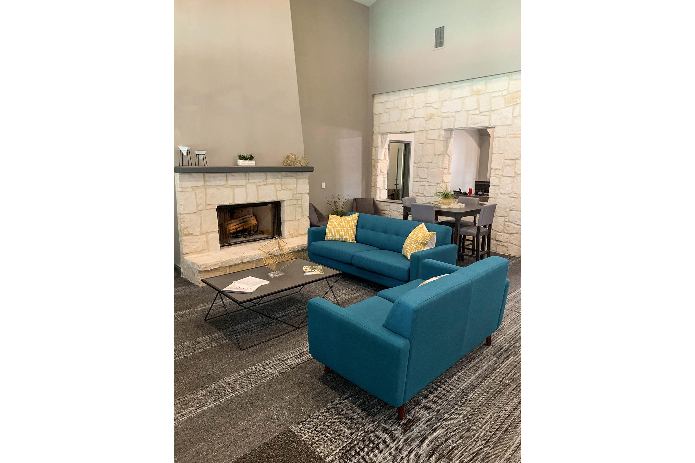 a living room with blue walls