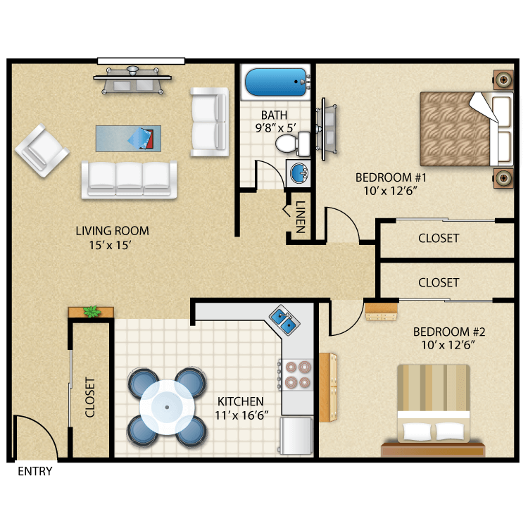 Floor plan image of 2 Bed 1 Bath w/ patio/balcony - ADIRONDACK