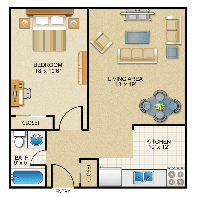 Floor plan image of 1 Bed 1 Bath w/ Balcony - CATSKILL