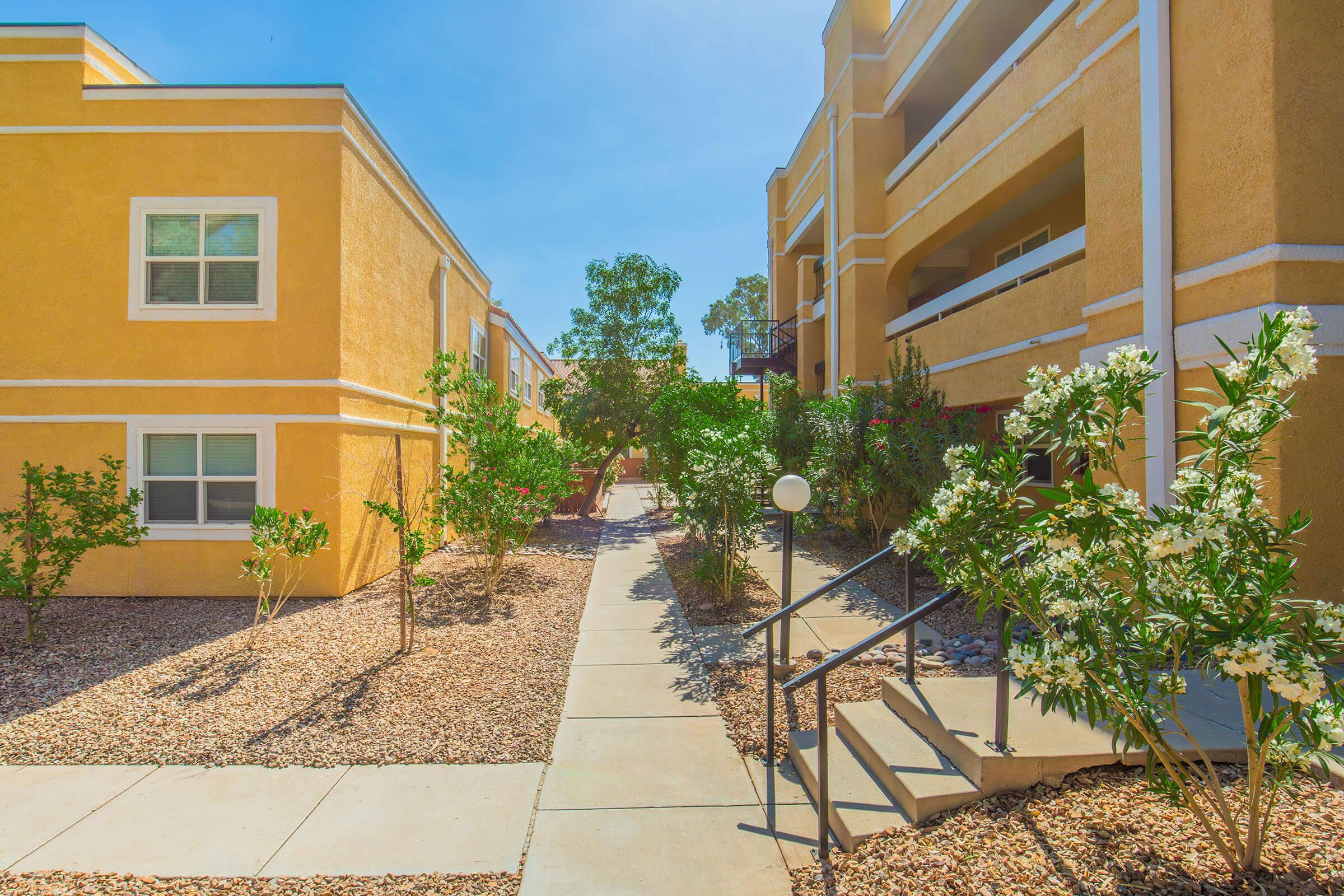 Bright sunny day at an apartment complex featuring yellow buildings. A paved walkway lined with greenery leads through the complex, with shrubs and small trees adding to the landscape. The scene is inviting, showcasing a well-maintained outdoor area with gravel landscaping.