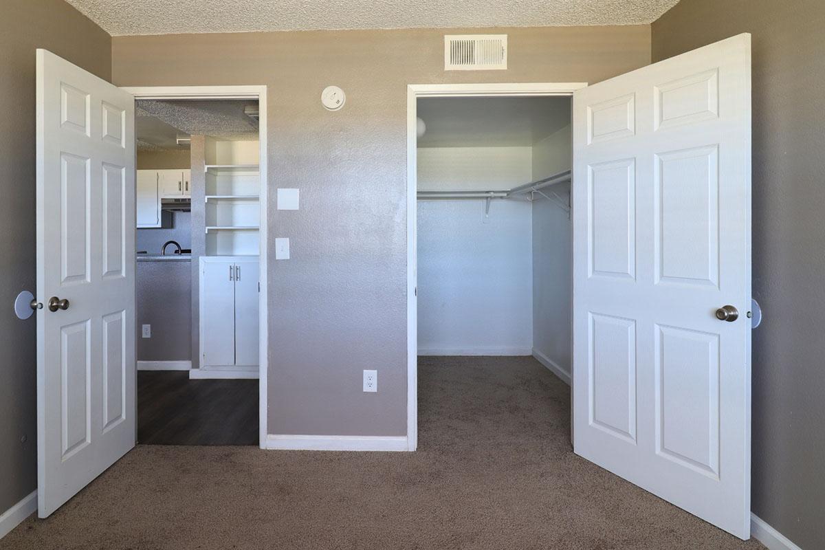 A view of a room with two doors. One door leads to a small closet with no shelves, while the other opens to a room with a kitchen area visible in the background. The walls are painted a neutral color, and the floor is covered with carpet.