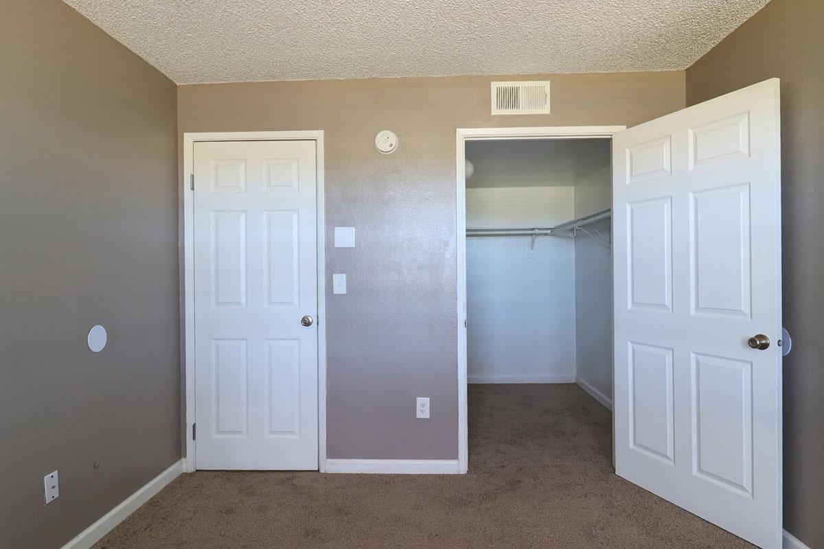Interior of a room featuring two closed white doors and a closet with a hang rail. The walls are painted a light brown, and the floor is carpeted in a neutral shade. There's a small round vent on the wall, and the overall lighting is natural and bright.