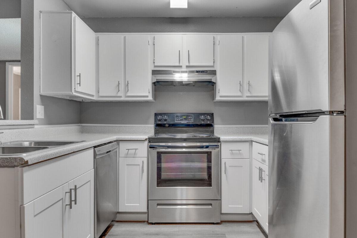A modern kitchen featuring white cabinetry, a stainless steel refrigerator, and a built-in oven with a range hood. The space includes a double sink and a dishwasher, with a clean and minimalist design highlighted by gray walls. Natural light illuminates the area, creating a bright atmosphere.