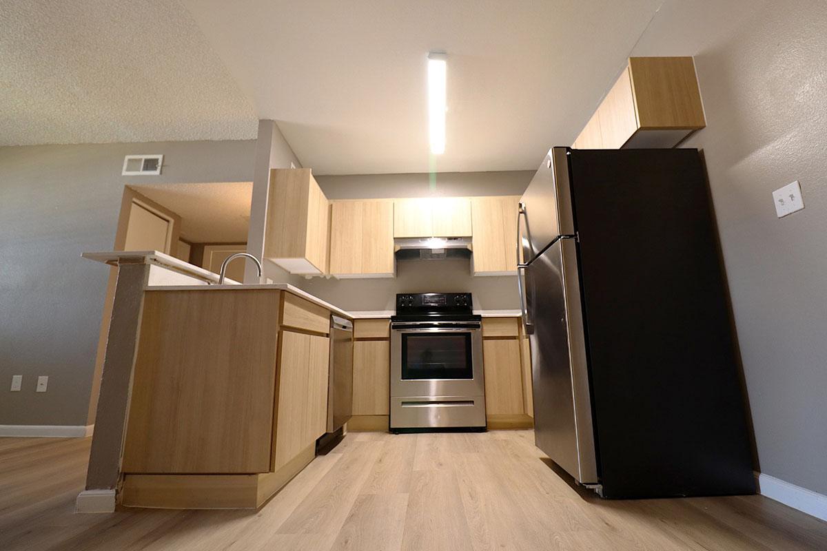 Modern kitchen with light wood cabinets, stainless steel appliances, and a black refrigerator. Features a gas stove, oven, and sink with a countertop extending into a small island. The walls are painted in a light gray, and the flooring is light-colored laminate, creating an open and inviting atmosphere.