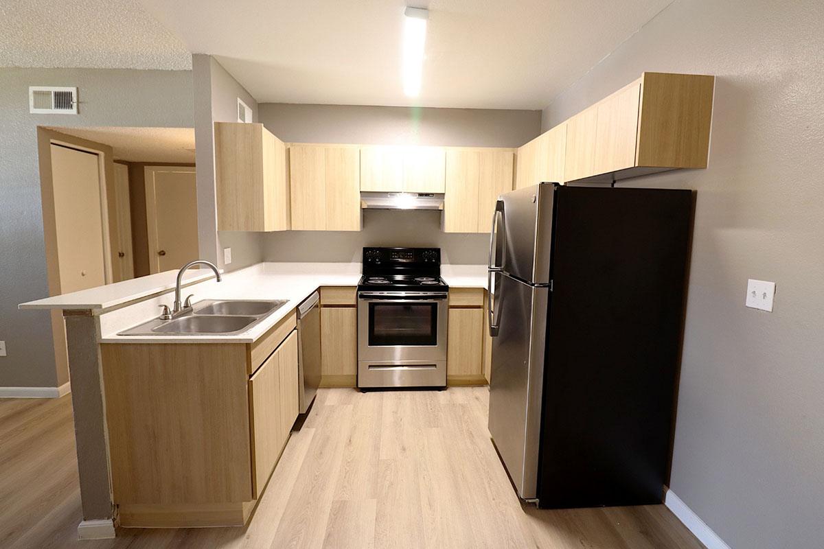 A modern kitchen featuring light wood cabinetry, a stainless steel stove, and a black refrigerator. The space includes a double sink with a countertop, light-colored flooring, and a gray wall paint. The kitchen layout is open, providing easy access to adjacent rooms.