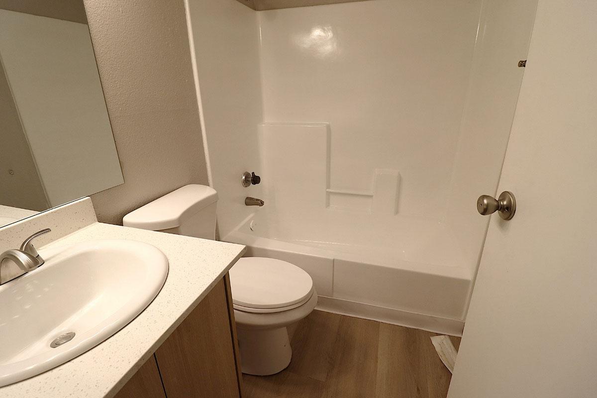 A clean and modern bathroom featuring a bathtub with shower, a white toilet, and a sink with a countertop. The walls are light-colored, and there is a large mirror above the sink. The flooring is light wood-like material, creating a bright and spacious appearance.