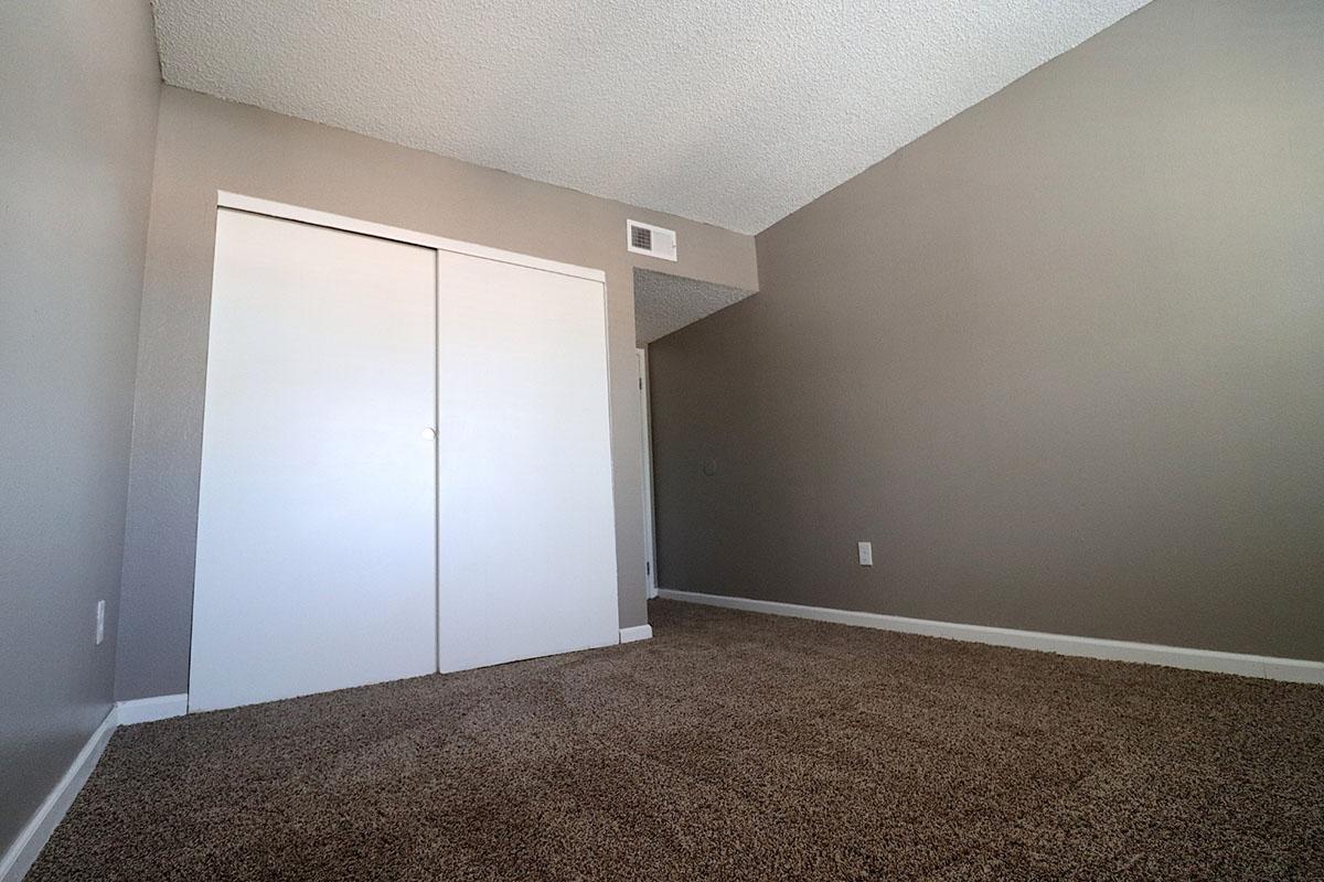 A view of a room with light gray walls and plush carpeting. The room features a closed white closet door on the left and a corner with a slight wall. Natural light comes from the right side, illuminating the space, which appears clean and well-maintained.