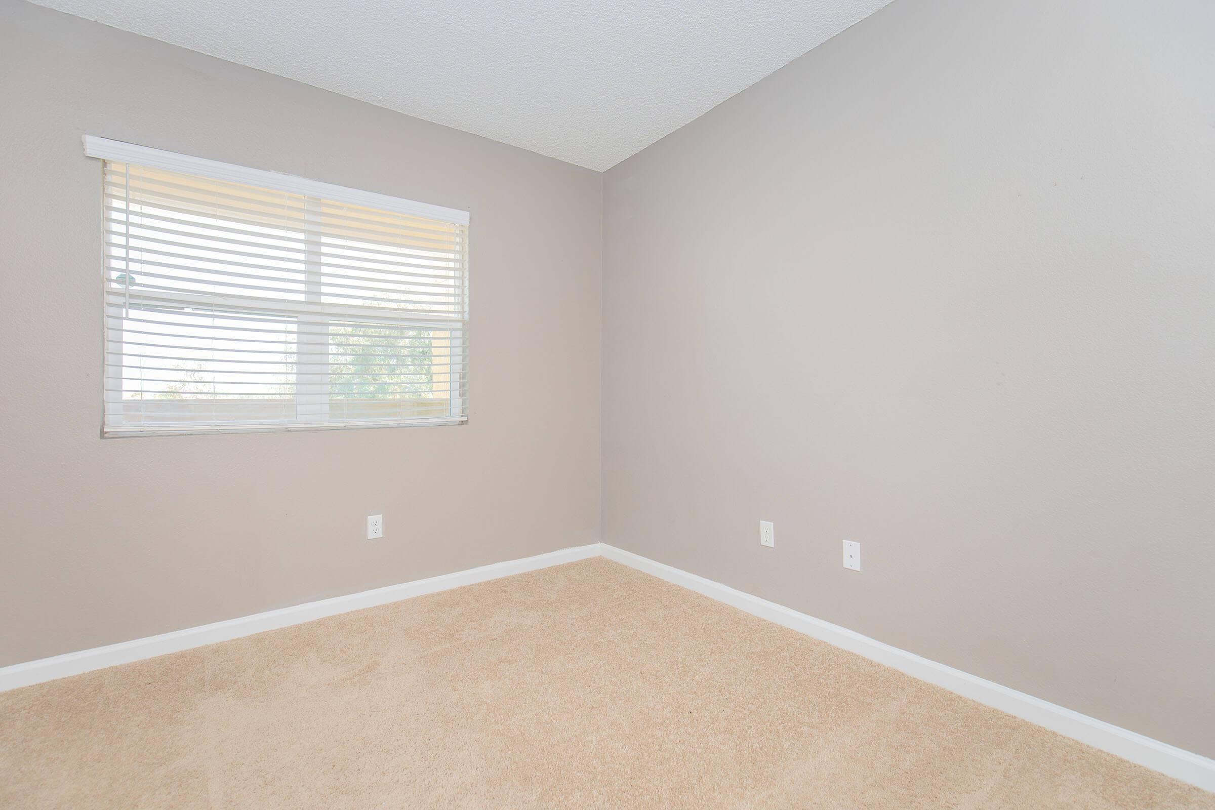 Empty room with beige carpet and light brown walls. A window with white blinds allows natural light to enter. The space features two electrical outlets and is devoid of furniture or decoration, creating a minimalist aesthetic.