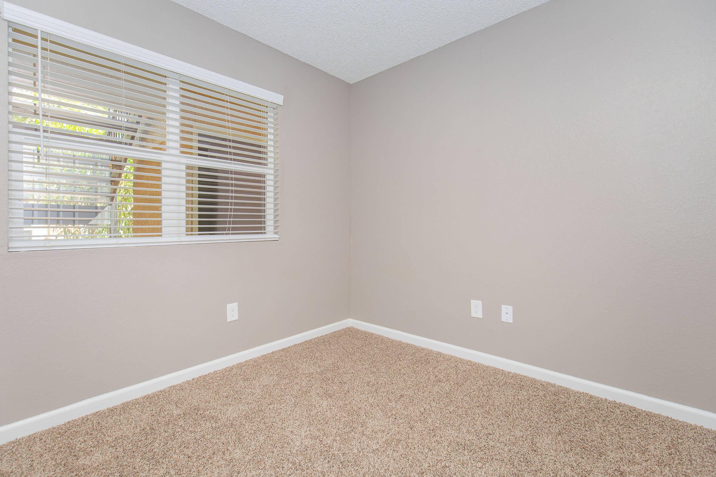 Empty room with soft beige carpet and light gray walls. There is a window with blinds on the left side, allowing natural light to enter. Two electrical outlets are visible on the wall. The overall atmosphere is simple and minimalistic, creating a blank canvas for decoration.