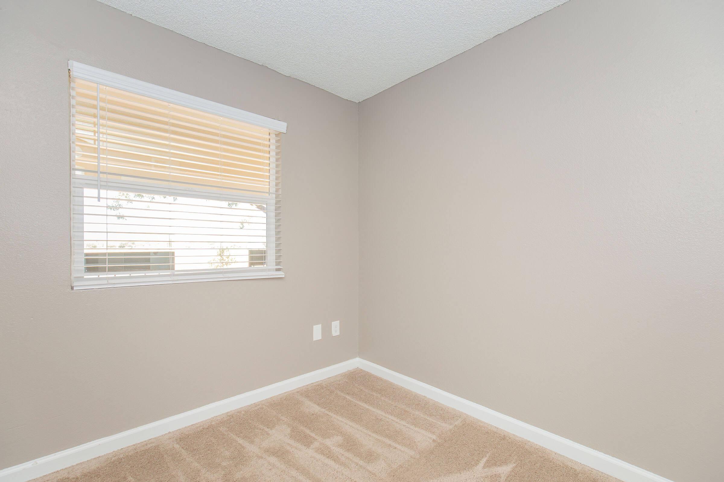 Empty room with beige walls and carpet, featuring a window with blinds that allows natural light to enter. The room has no furniture, giving it a clean and spacious appearance. The light coming through the window creates a soft ambiance within the space.