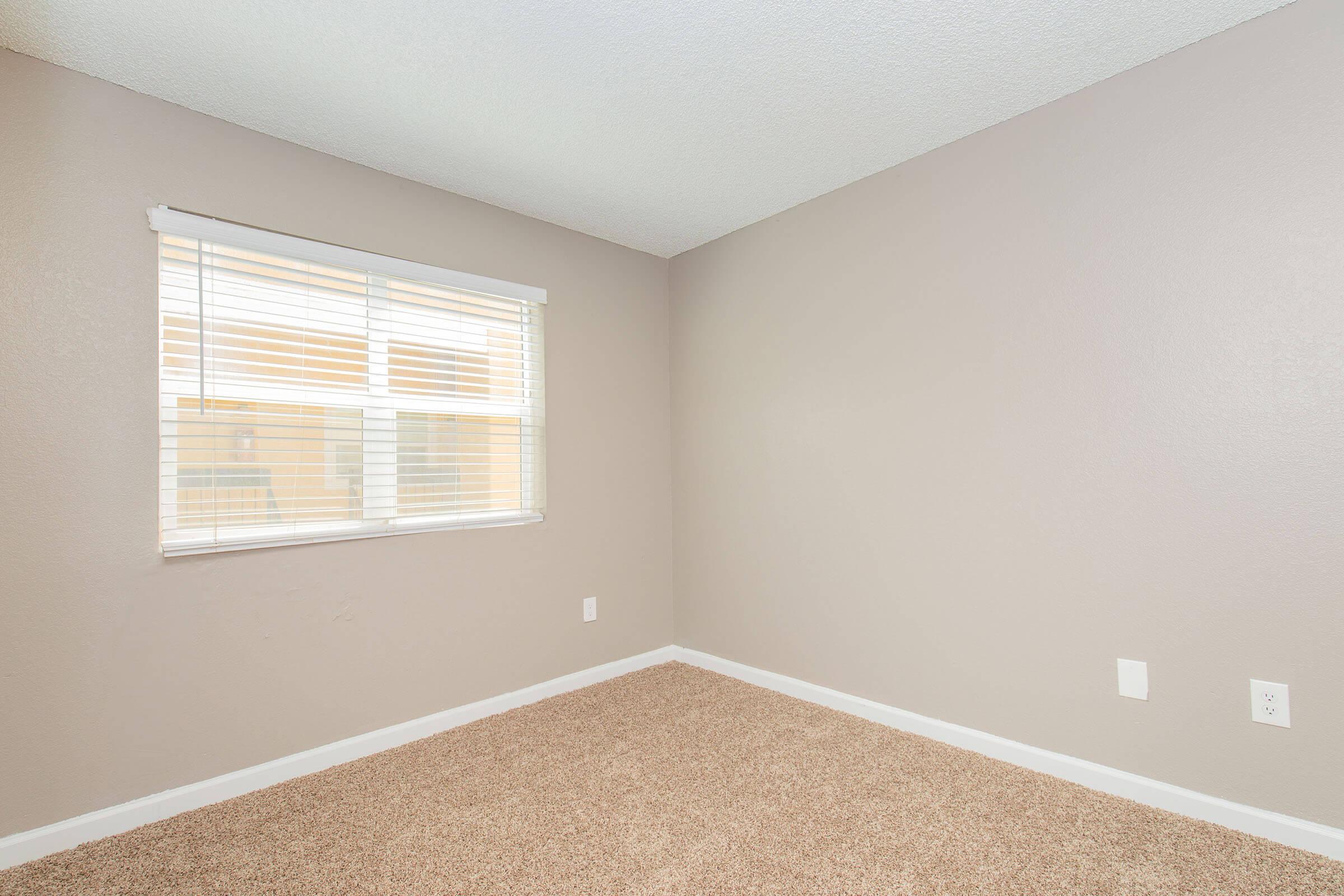 Empty room featuring light beige walls and carpeted flooring. A window with white blinds allows natural light to enter, illuminating the space. The minimalist design includes a blank wall and simple electrical outlets, creating a neutral and open atmosphere suitable for various uses.