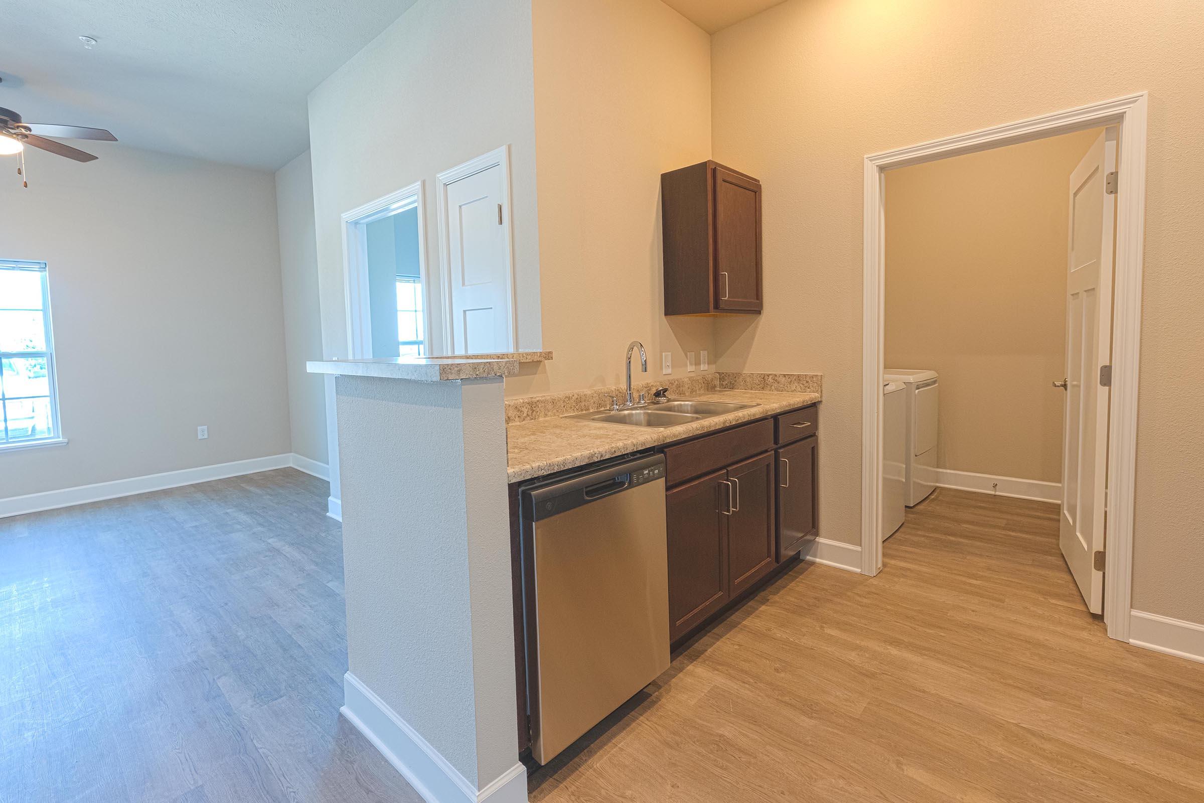 Interior view of a modern apartment featuring a kitchen with dark wood cabinets, a stainless steel sink, and a dishwasher. Open layout leads to a living area with a window, and a laundry area is visible through a doorway. Light-colored walls and flooring enhance the spacious feel of the room.