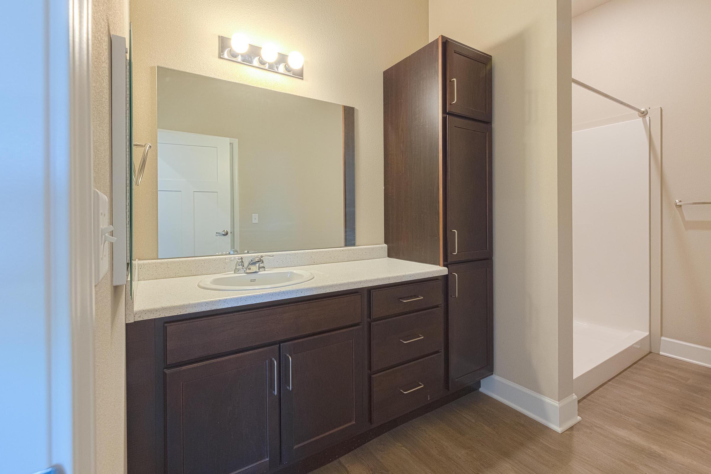 A modern bathroom featuring a double sink vanity with dark wood cabinetry, a large mirror, and stylish lighting above. To the right, there is a walk-in shower enclosed by a white wall, and the floor is finished with light wood-like flooring. The overall design is sleek and contemporary.