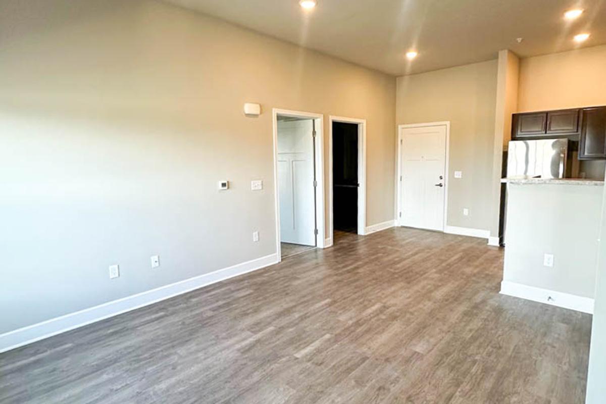 Modern interior of an apartment showcasing a spacious living area with light-colored walls, large windows, and laminate flooring. A kitchen area is visible on the right with dark cabinetry, while doorways lead to other rooms. Brightly lit with neutral tones, creating an inviting atmosphere.